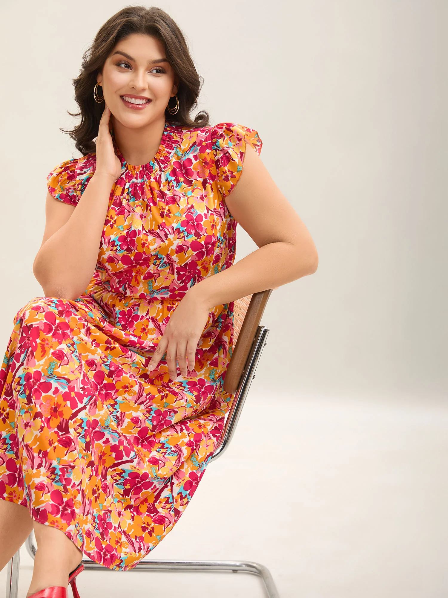 Floral Print Shirred Pockets Midi Dress - Image 8