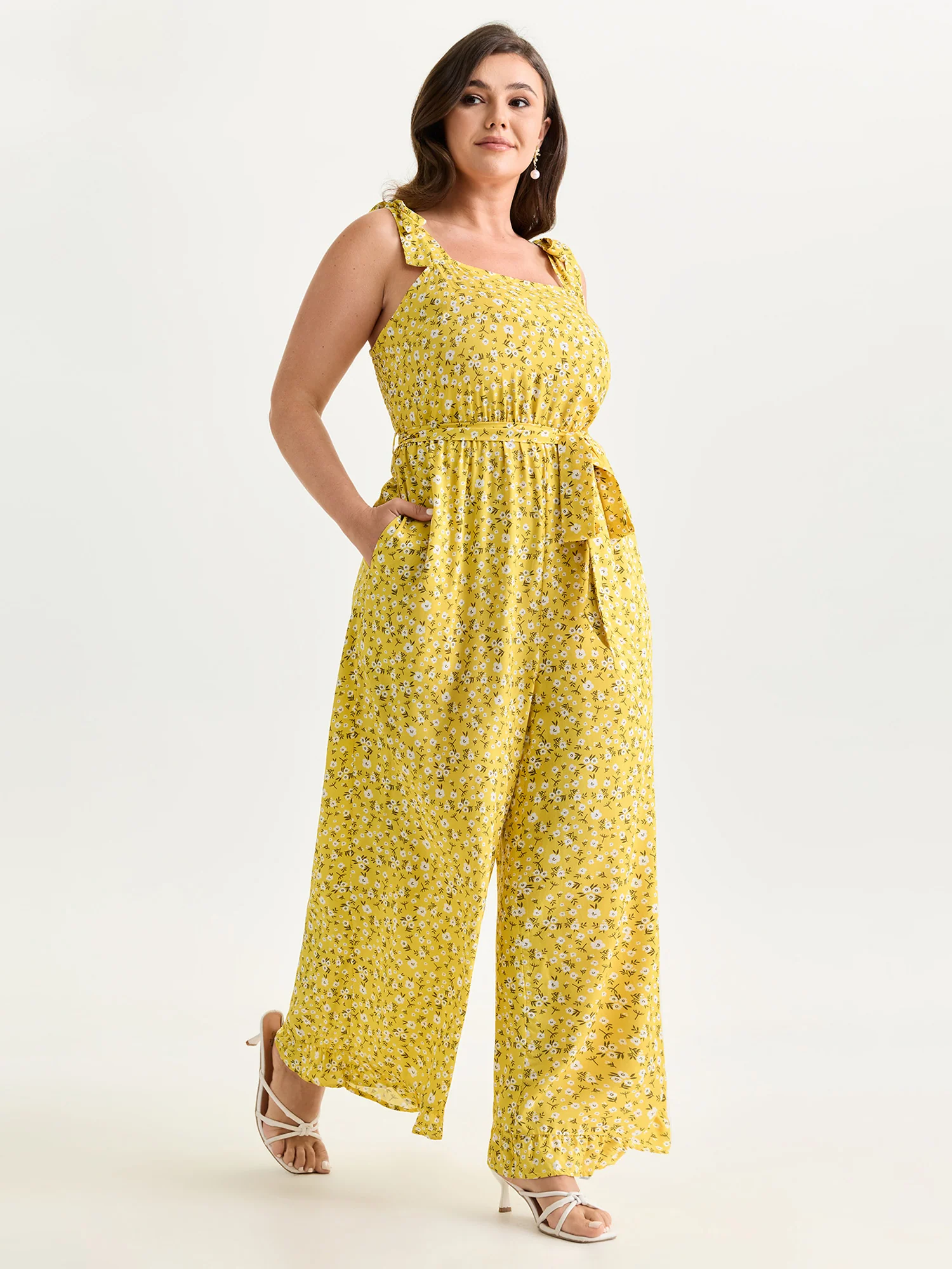 Floral Print Shoulder-Tie Ruffled Hem Jumpsuit - Image 3