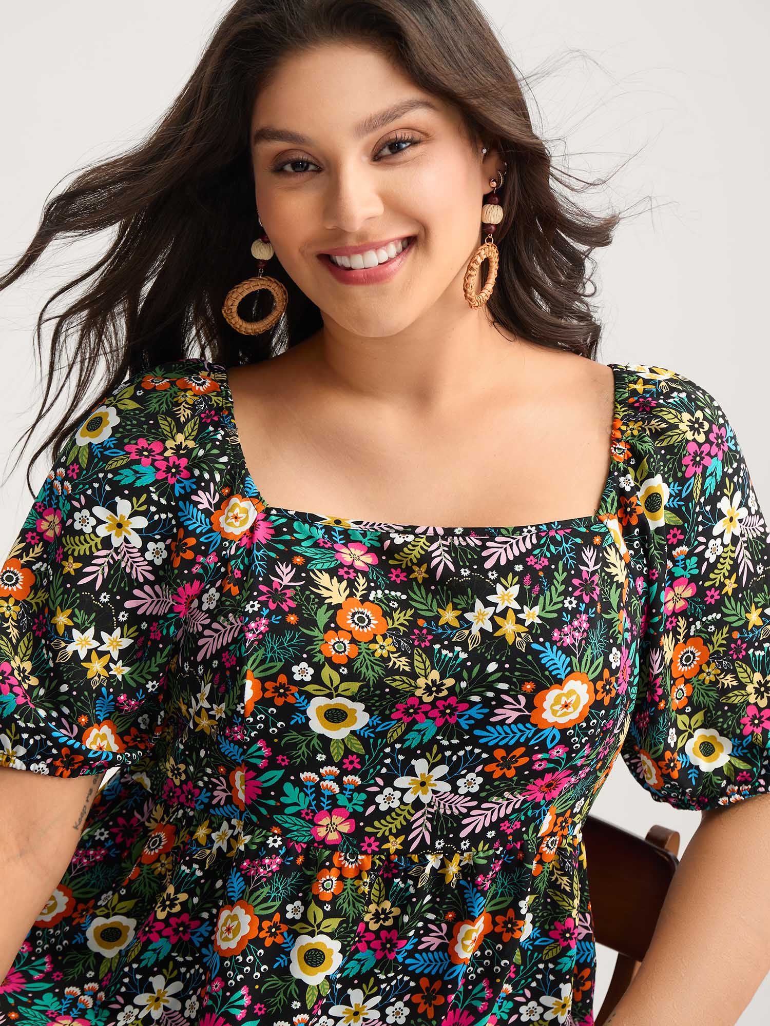 Floral Square Neck Fit and Flare Blouse - Image 4