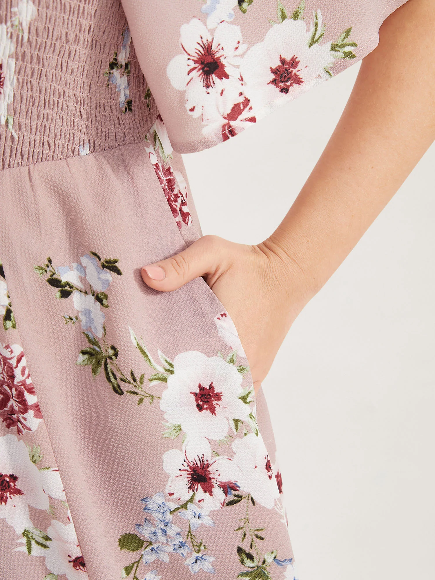 Floral Square Neck Ruffles Pocket Shirred Split Dress - Image 10
