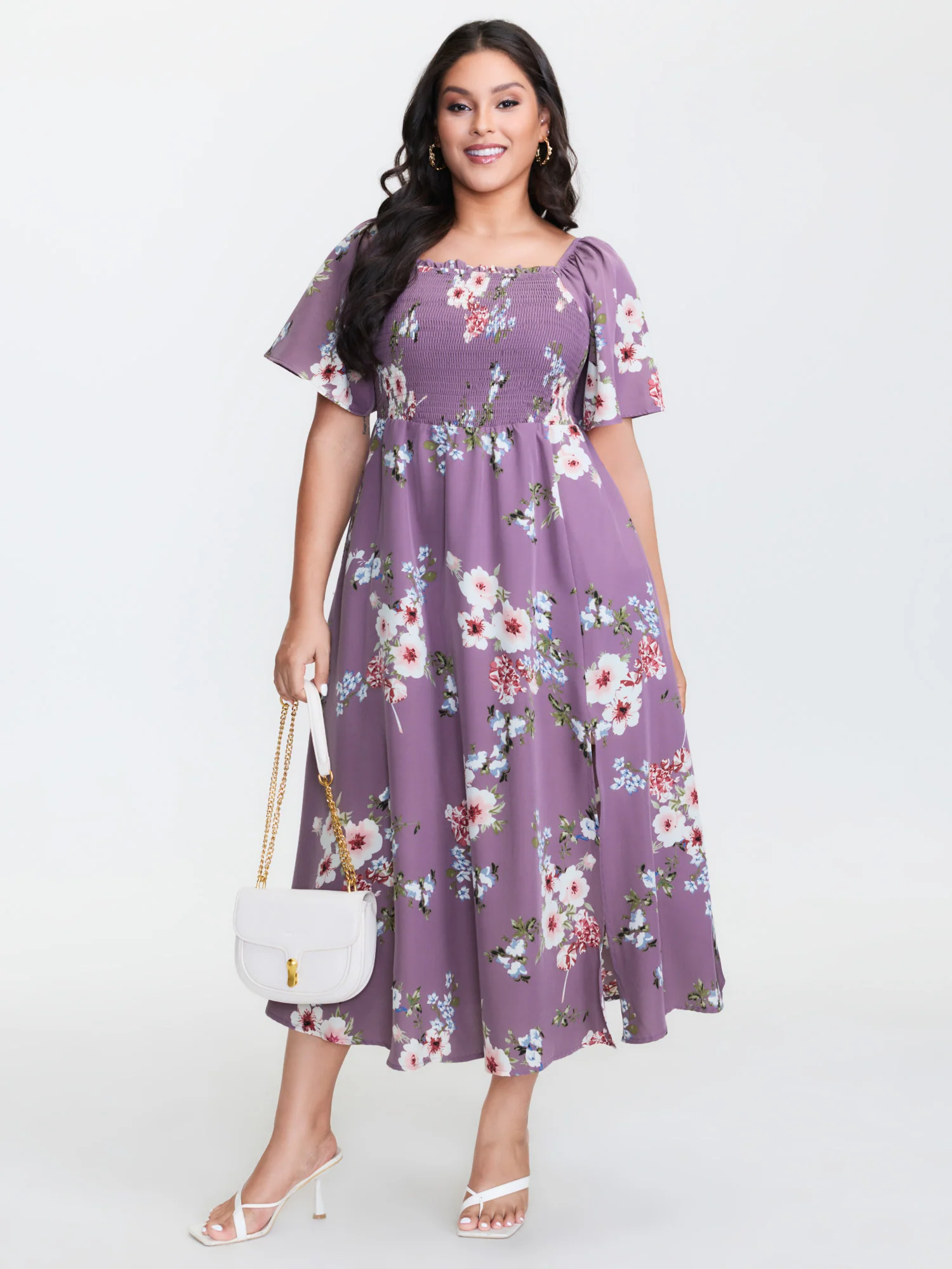 Floral Square Neck Ruffles Pocket Shirred Split Dress - Image 3