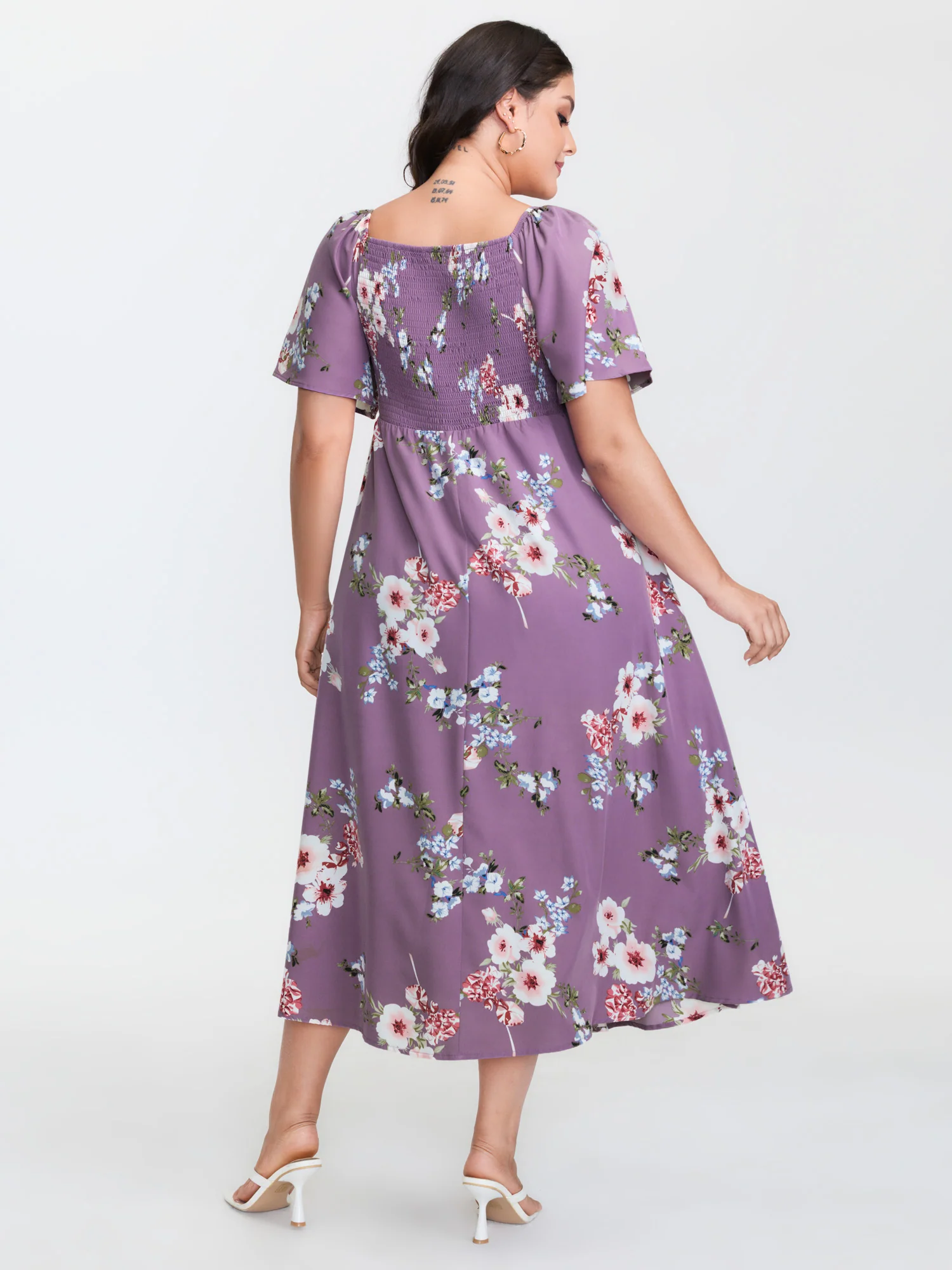 Floral Square Neck Ruffles Pocket Shirred Split Dress - Image 4