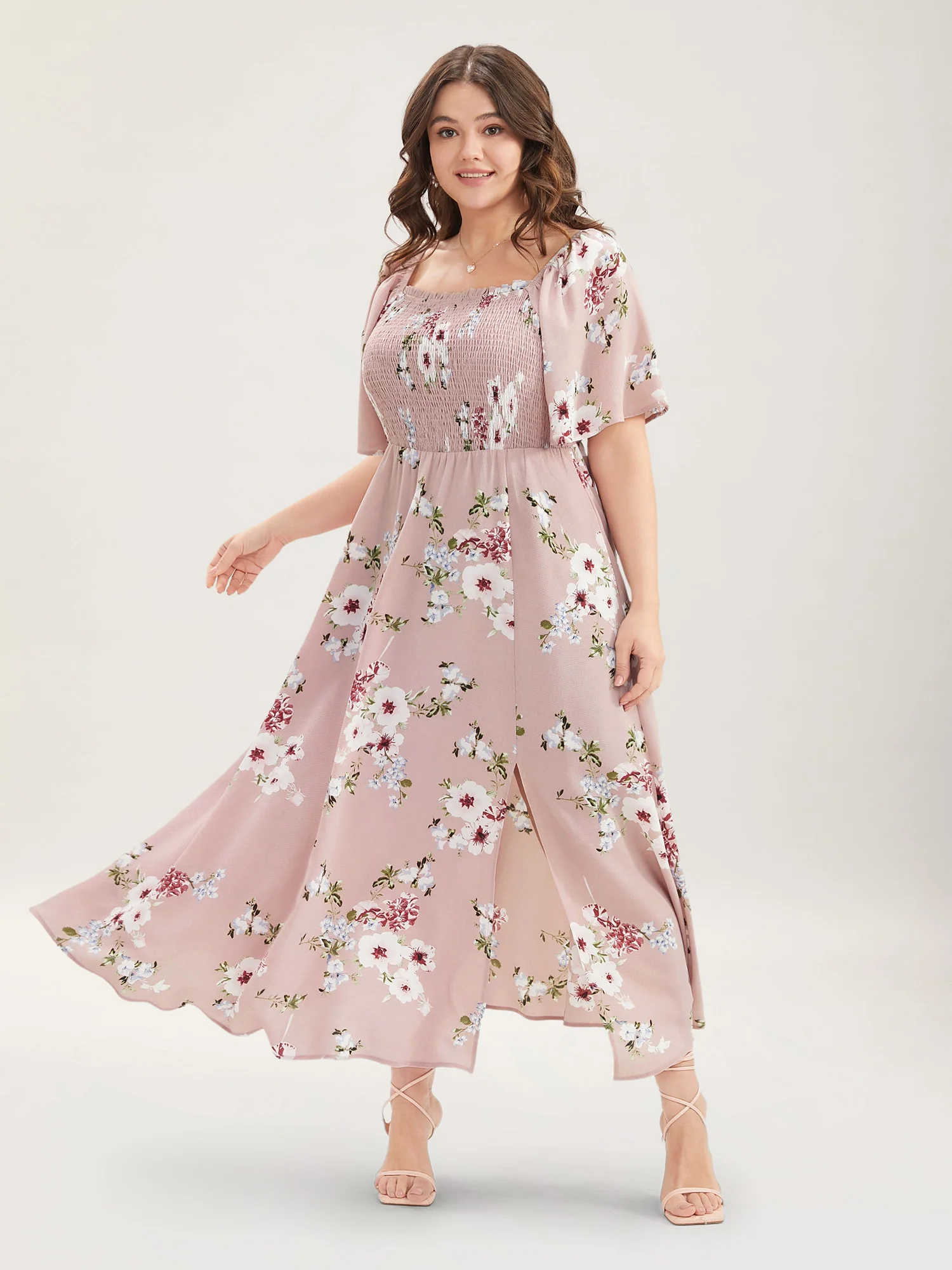 Floral Square Neck Ruffles Pocket Shirred Split Dress - Image 5