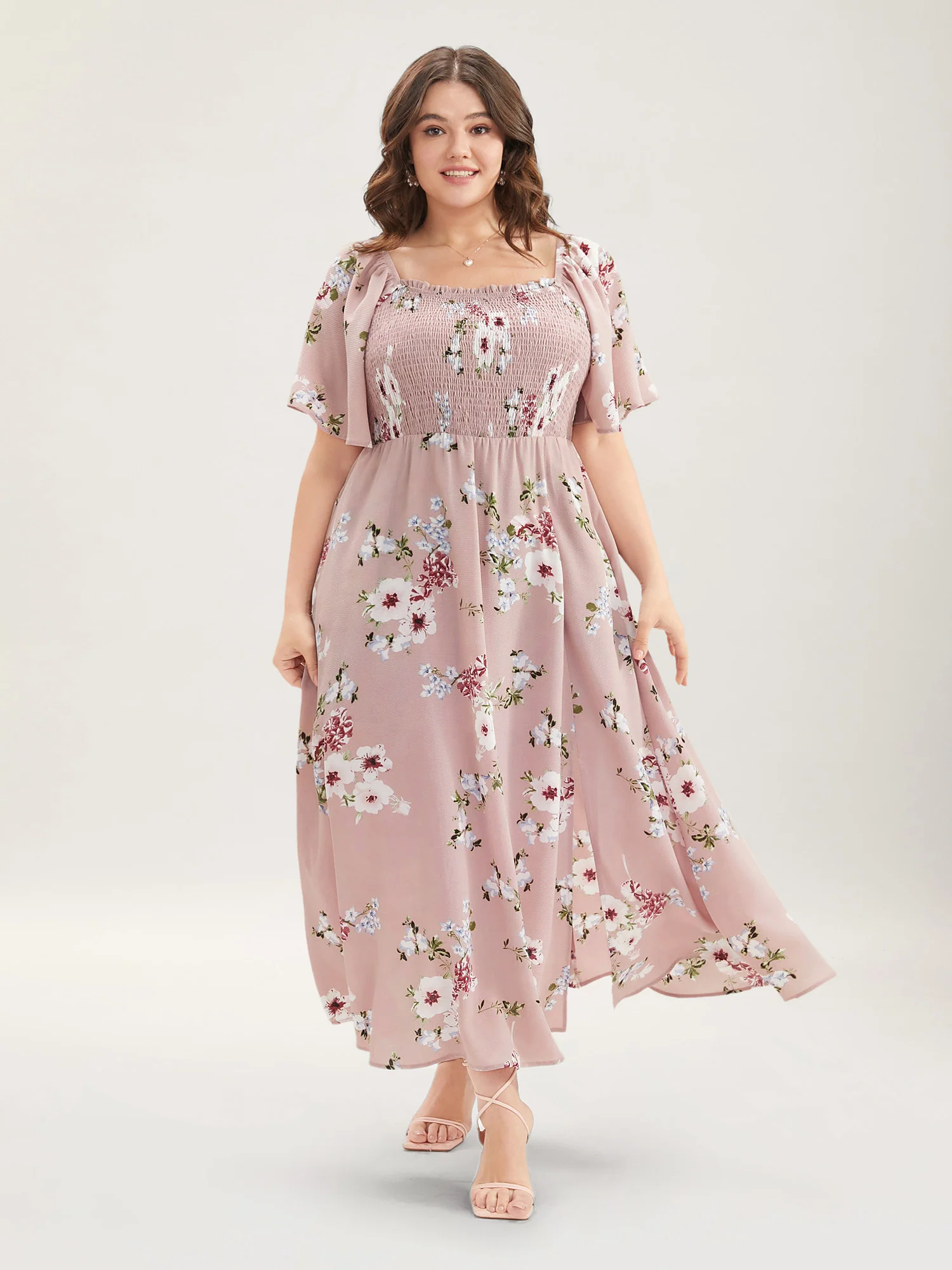 Floral Square Neck Ruffles Pocket Shirred Split Dress - Image 6