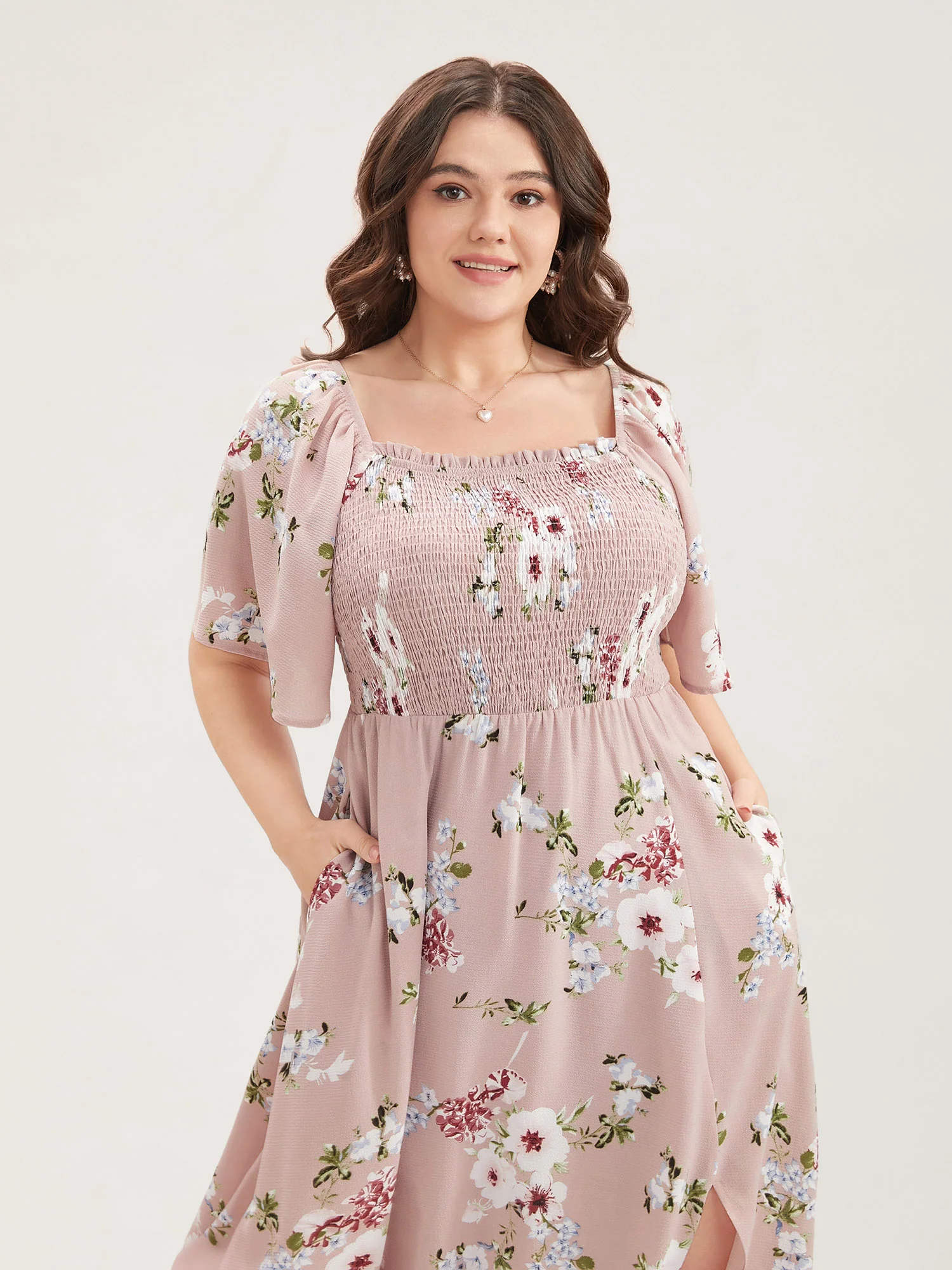 Floral Square Neck Ruffles Pocket Shirred Split Dress - Image 7