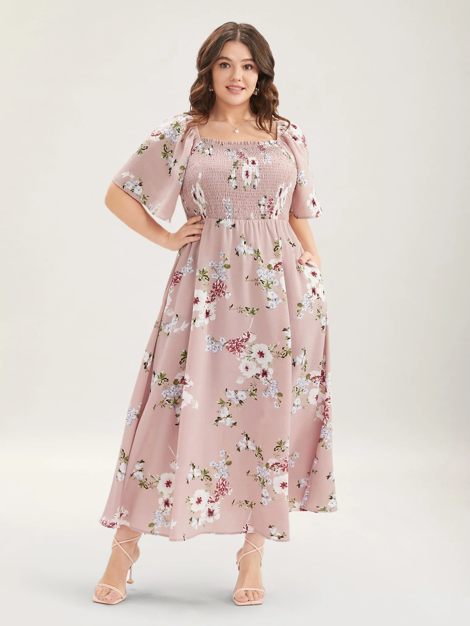Floral Square Neck Ruffles Pocket Shirred Split Dress - Image 8