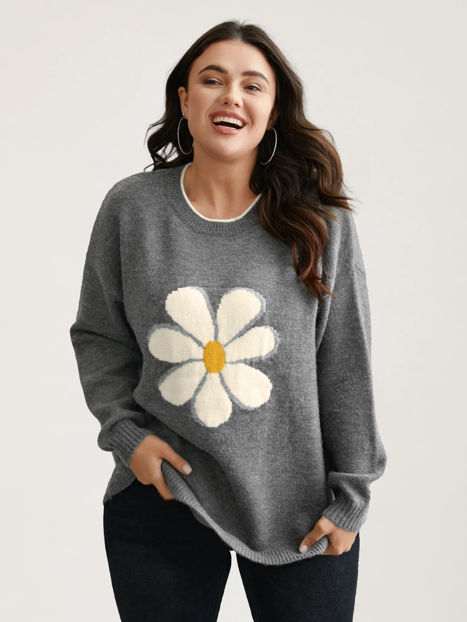 Floral Textured Crew Neck Pullover - Image 5