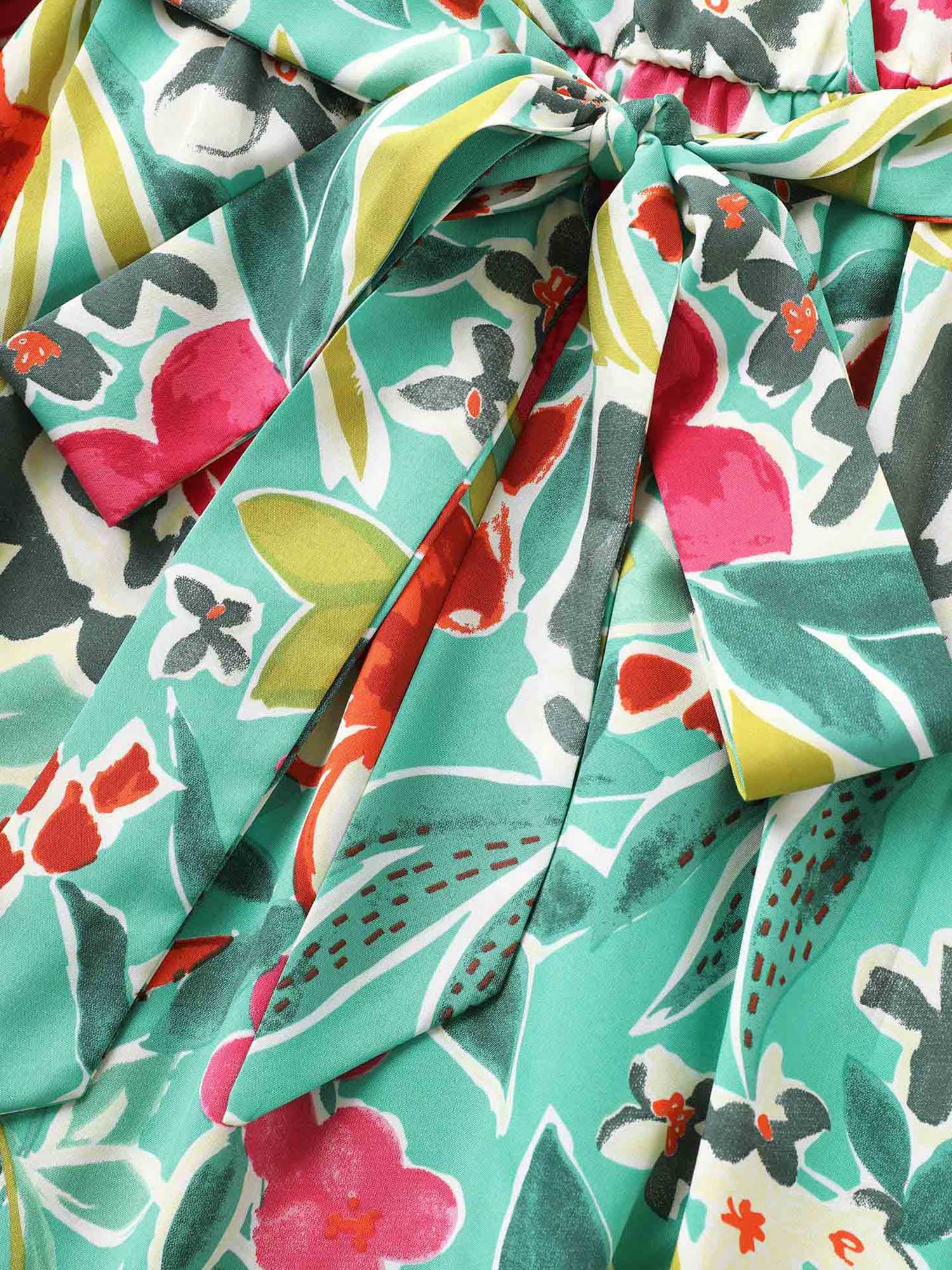 Floral Wrap Patchwork Ruffle Cap Sleeve Dress - Image 5