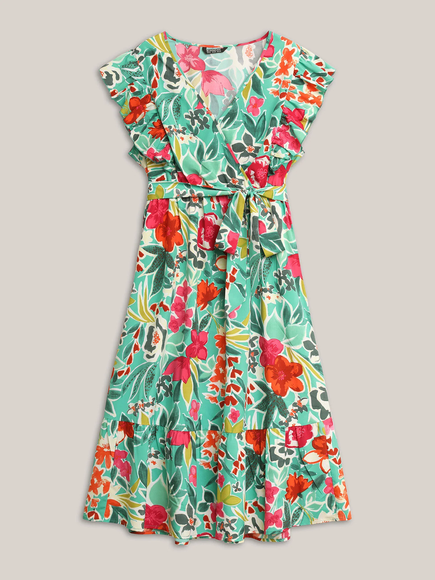 Floral Wrap Patchwork Ruffle Cap Sleeve Dress - Image 7