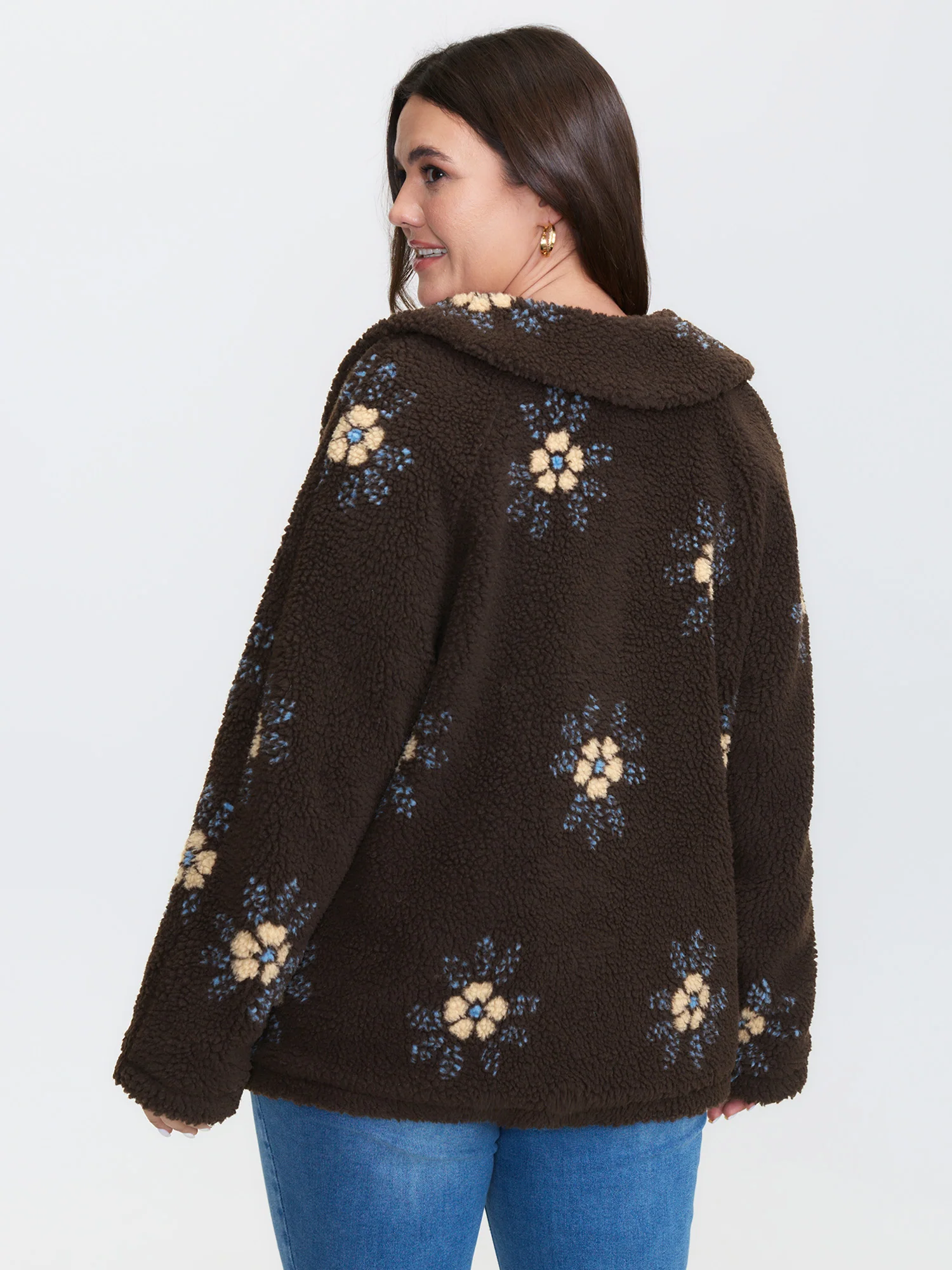 Fluffy Floral Pattern Pocket Coat - Image 4