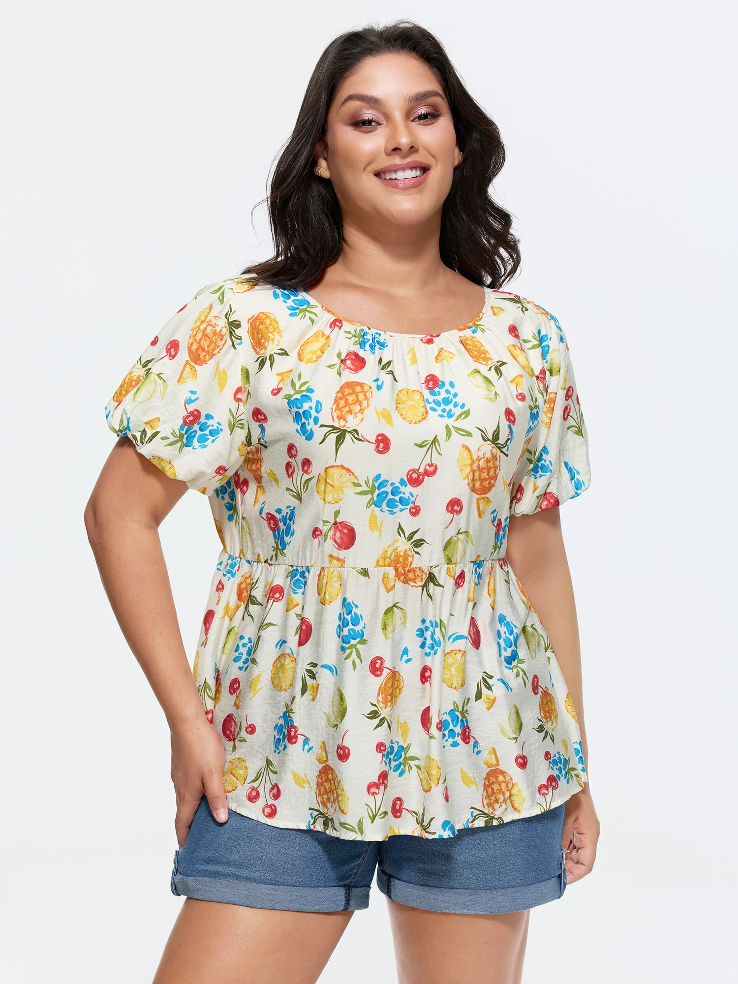 Fruit Print Bowknot Pleated Neckline Blouse - Image 2