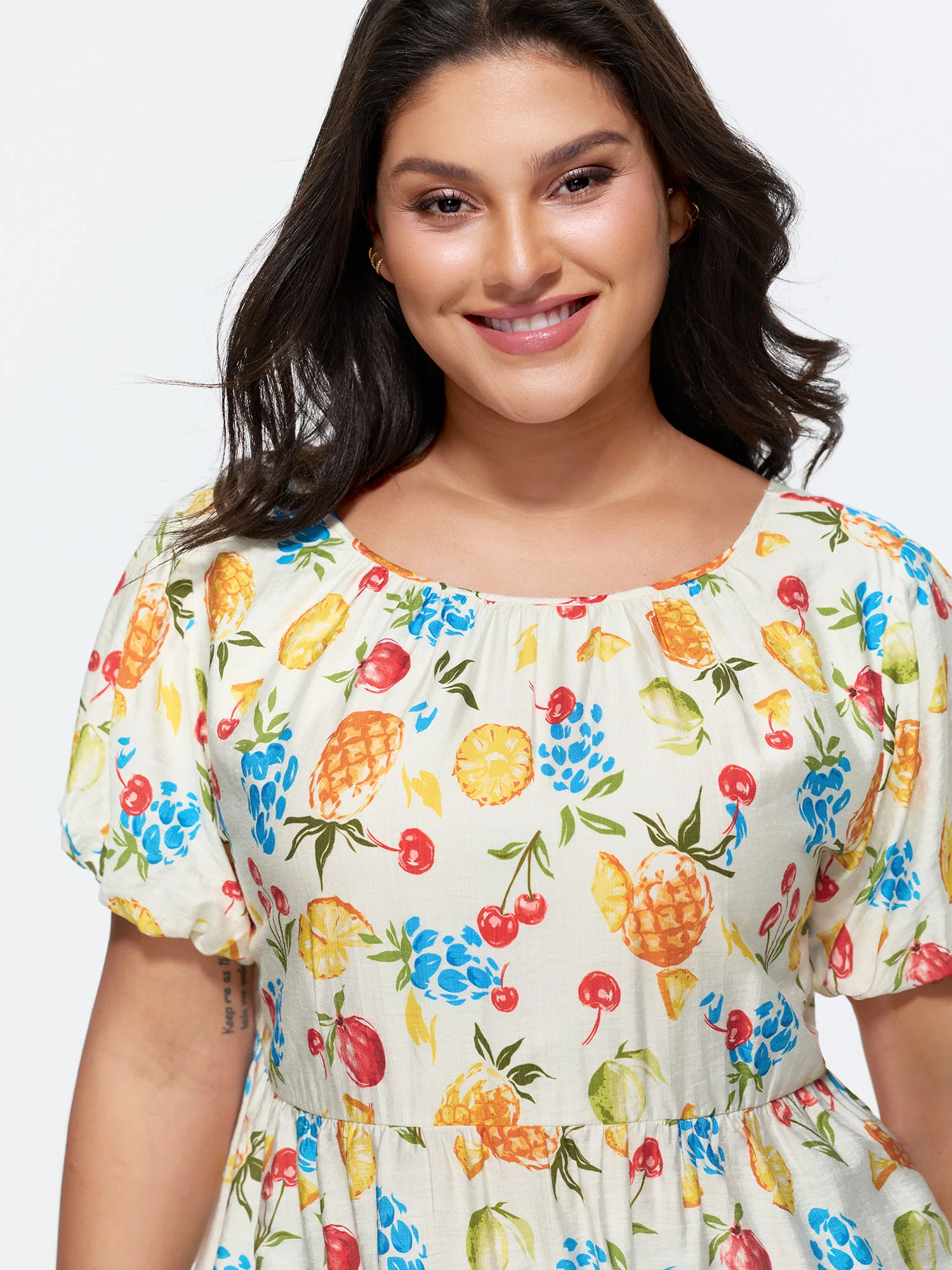 Fruit Print Bowknot Pleated Neckline Blouse - Image 3