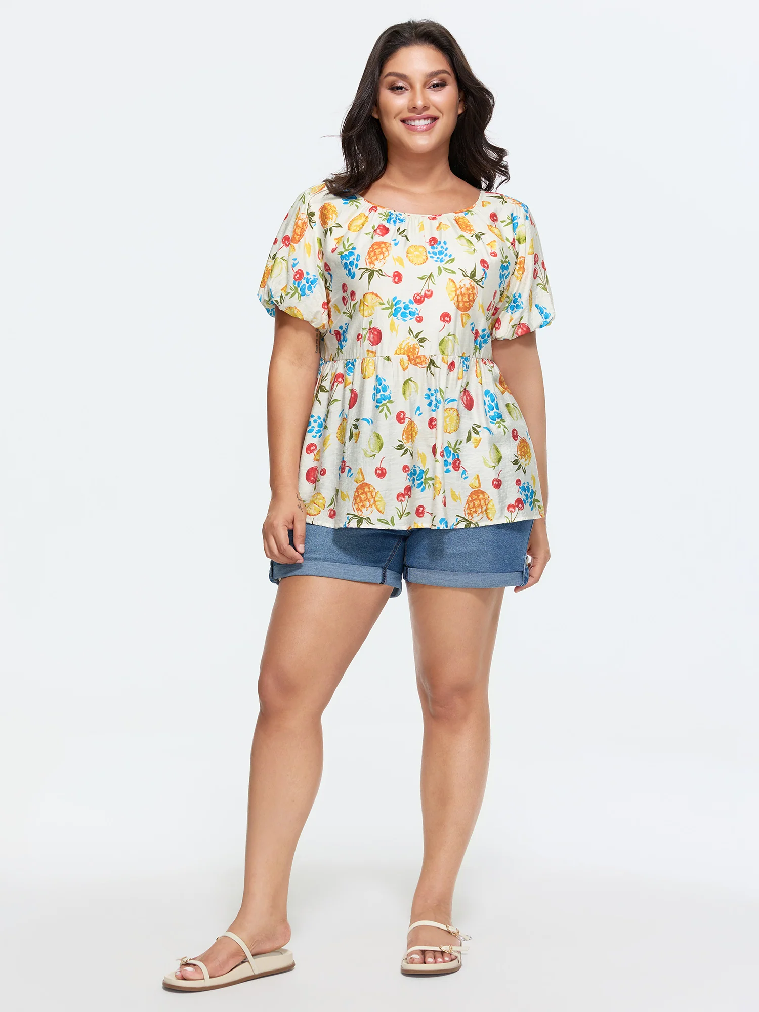 Fruit Print Bowknot Pleated Neckline Blouse - Image 4