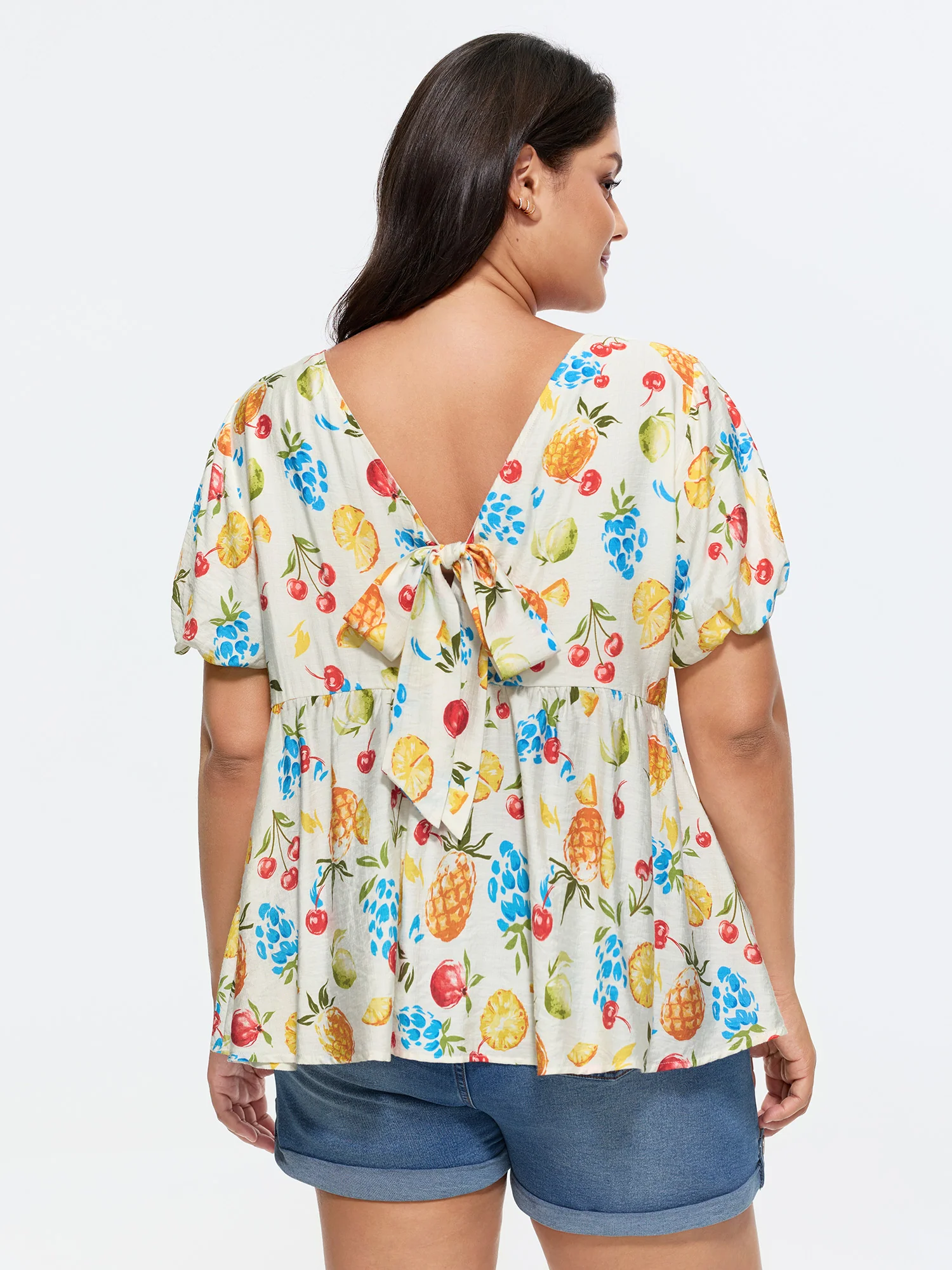 Fruit Print Bowknot Pleated Neckline Blouse - Image 5