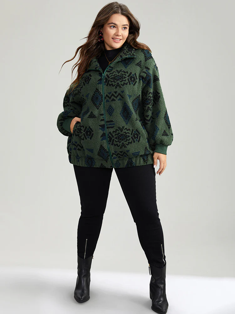 Geometric Pocket Gathered Zipper Coat - Image 3