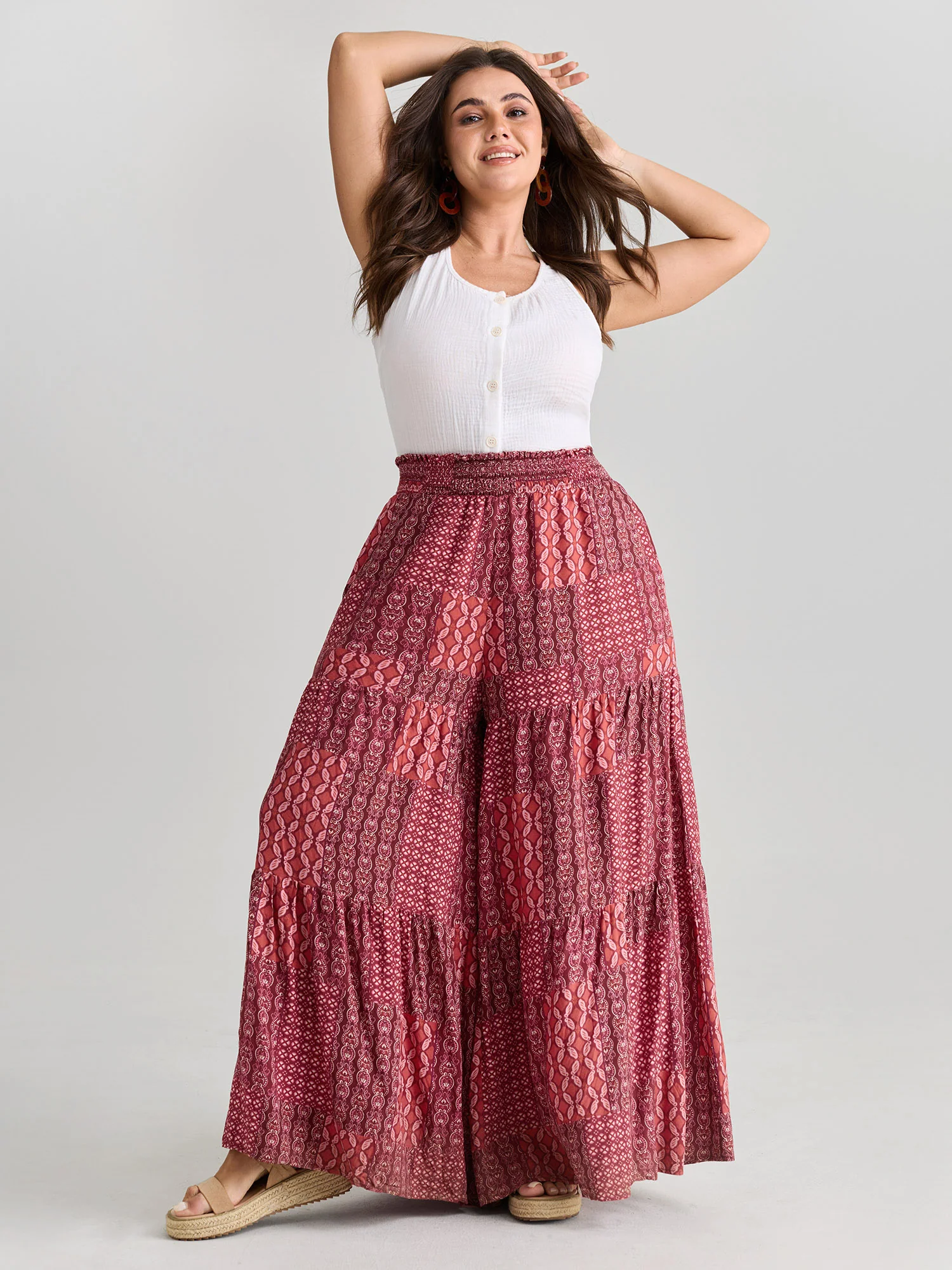 Geometric Print Flared Shirred Waist Pants