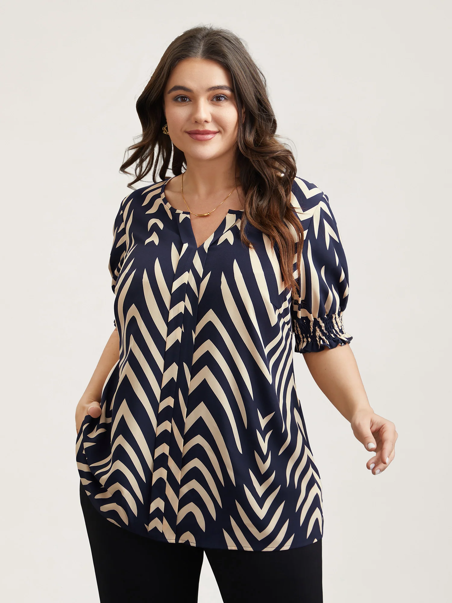 Geometric Print Ruffled Shirred Blouse