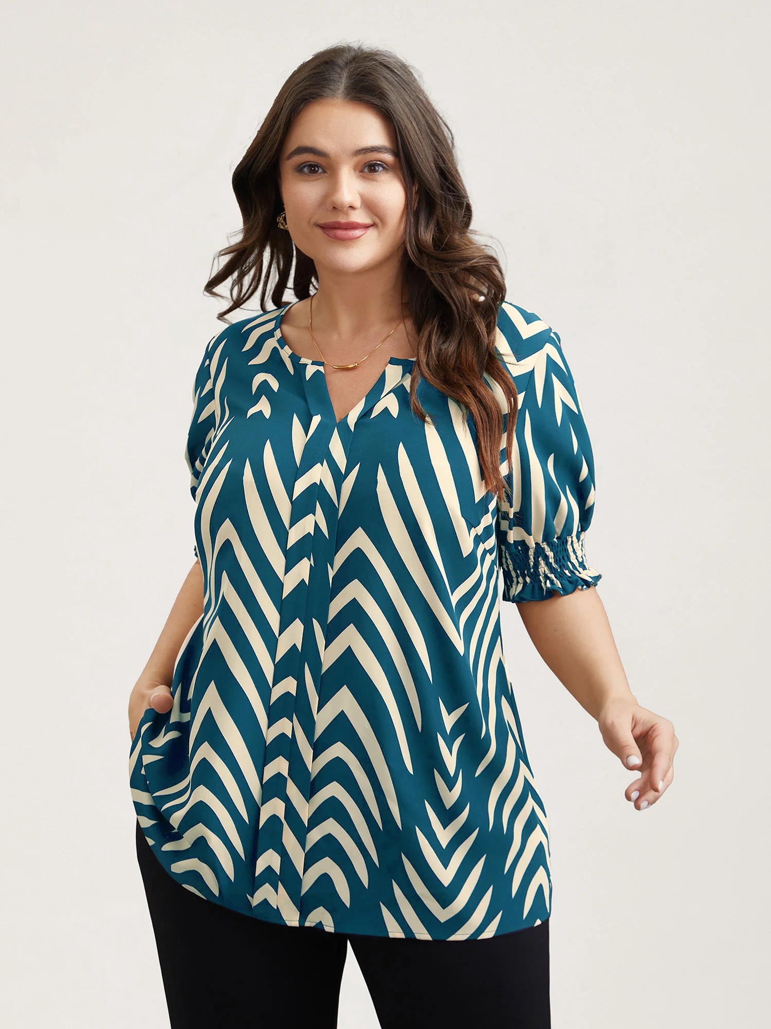 Geometric Print Ruffled Shirred Blouse - Image 14