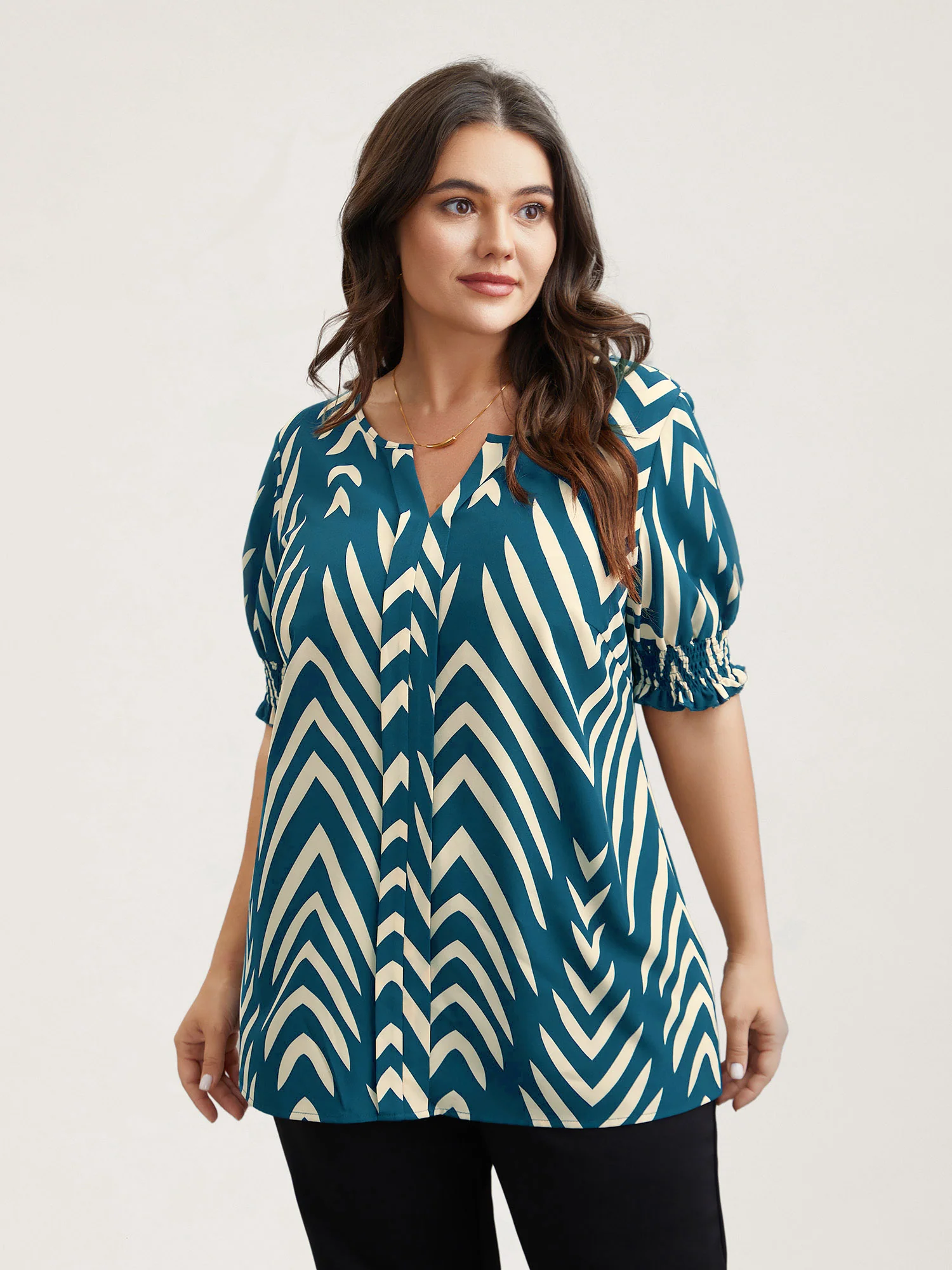 Geometric Print Ruffled Shirred Blouse - Image 16