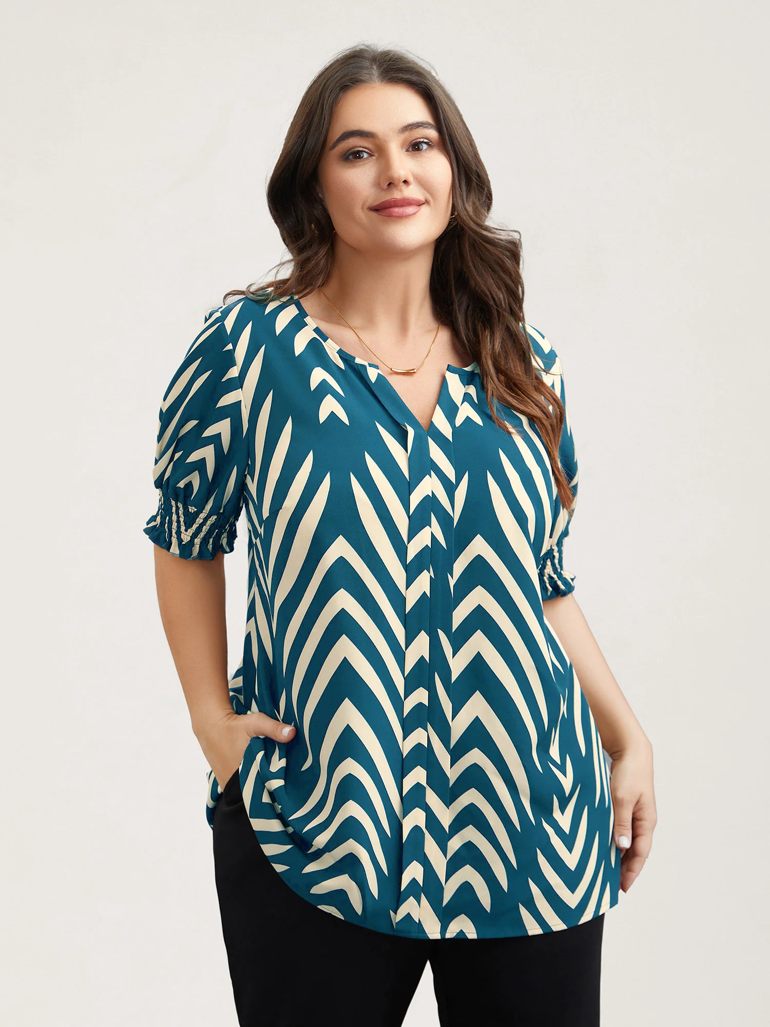 Geometric Print Ruffled Shirred Blouse - Image 17