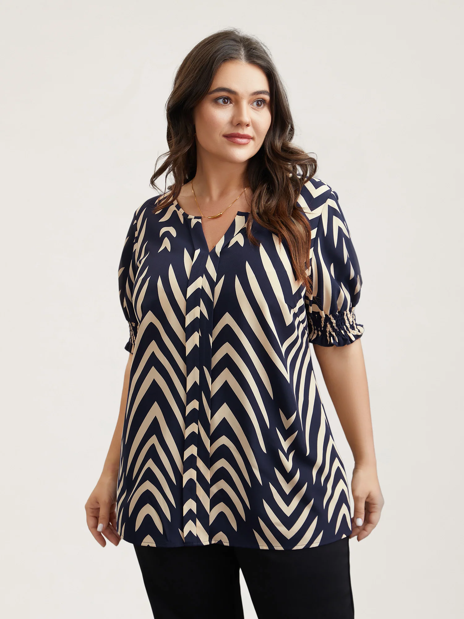Geometric Print Ruffled Shirred Blouse - Image 3