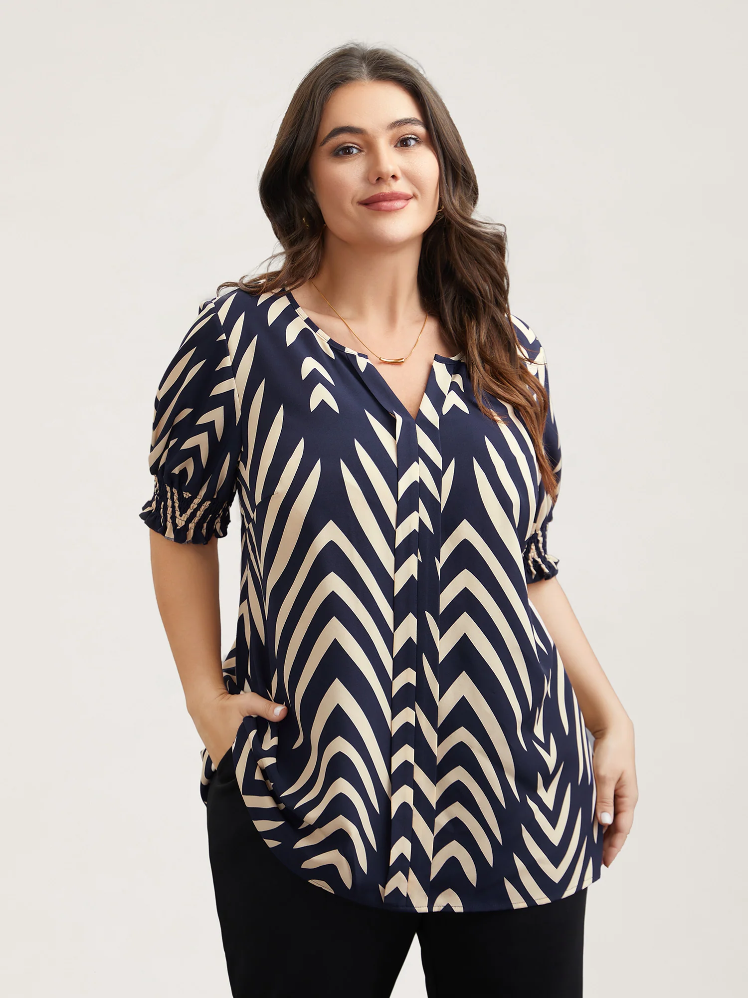 Geometric Print Ruffled Shirred Blouse - Image 4