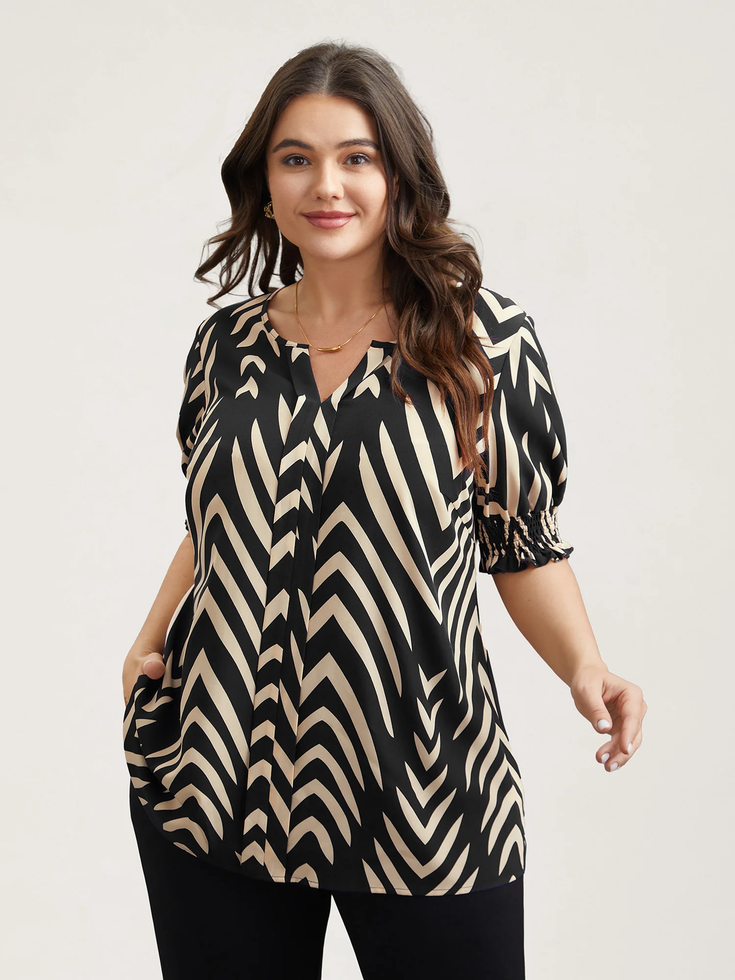 Geometric Print Ruffled Shirred Blouse - Image 9