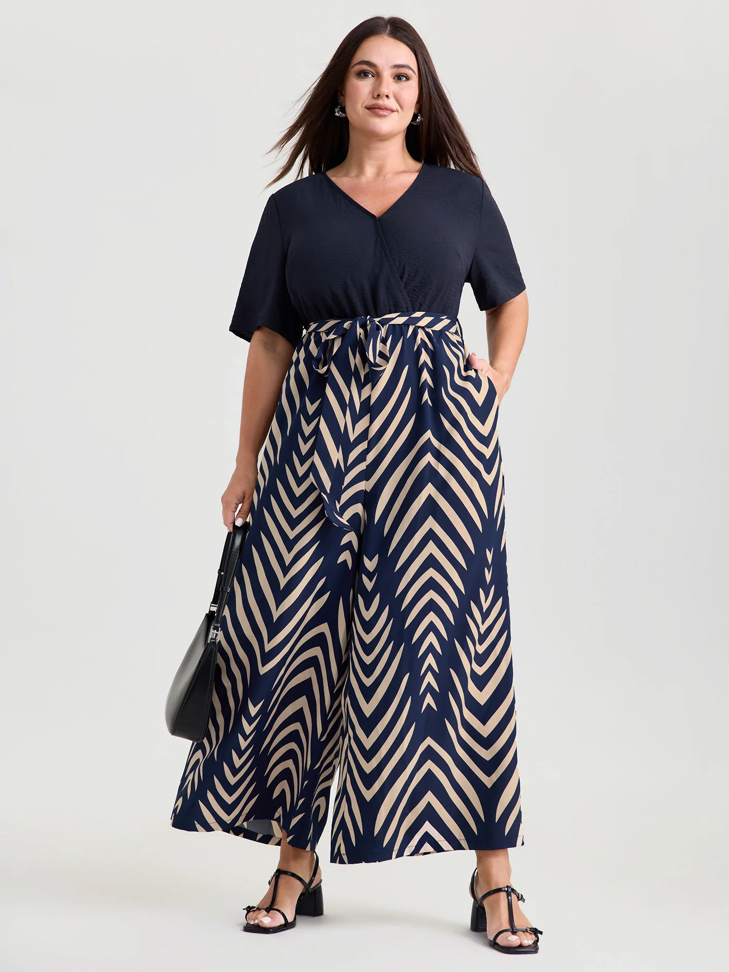 Geometric Print V-Neck Stretchy Jumpsuit