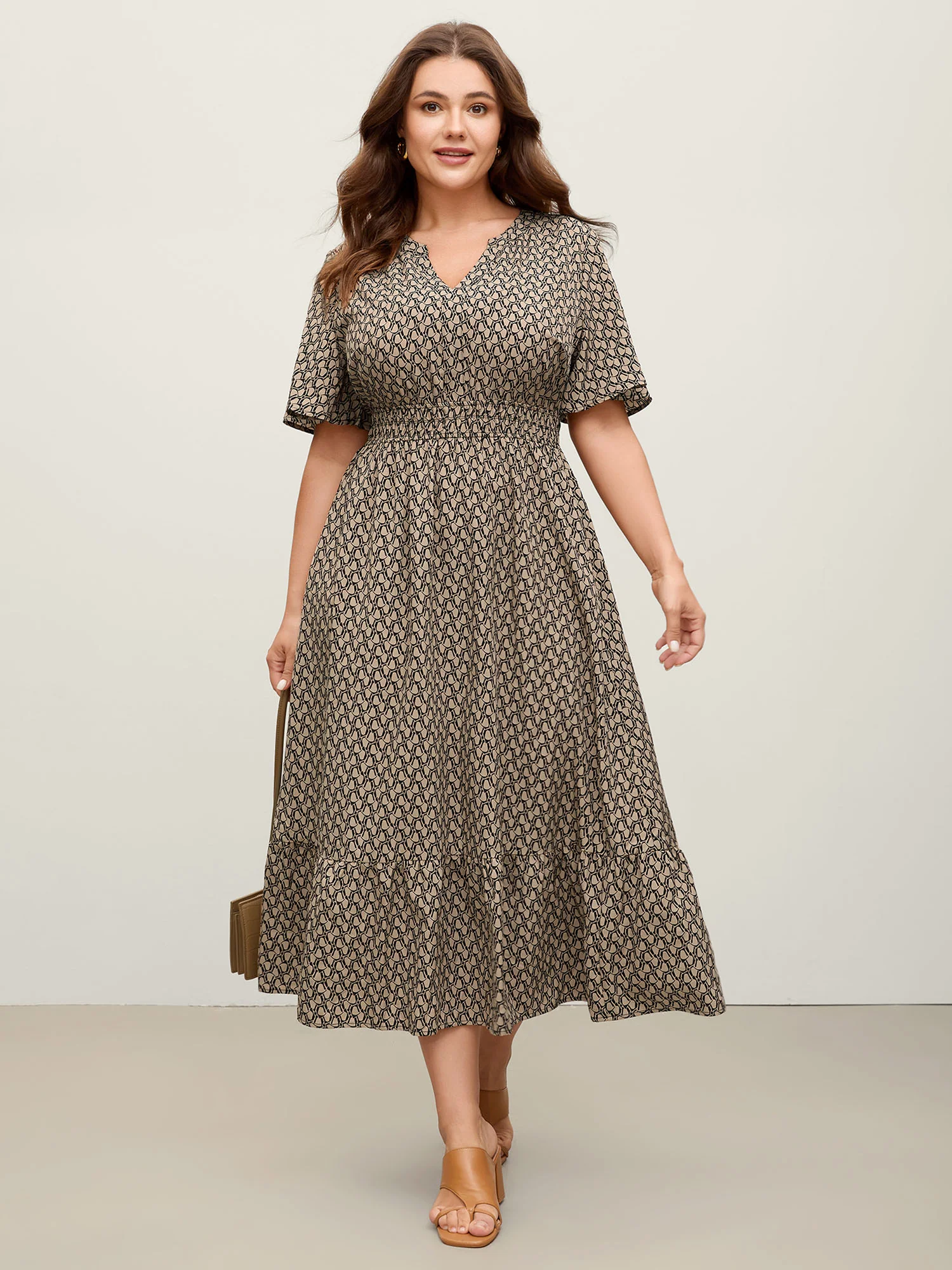 Geometric Print Waist-Cinched Tiered Midi Dress - Image 7