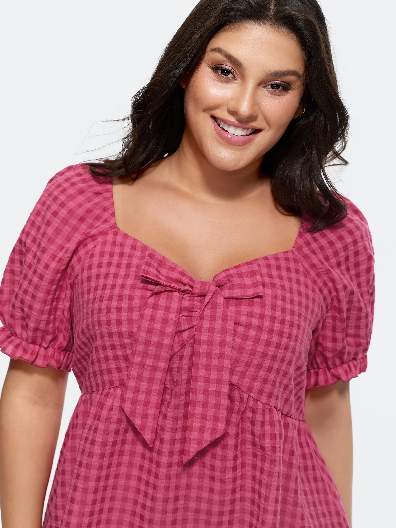 Gingham Print Bow Tie Front Blouse - Image 2