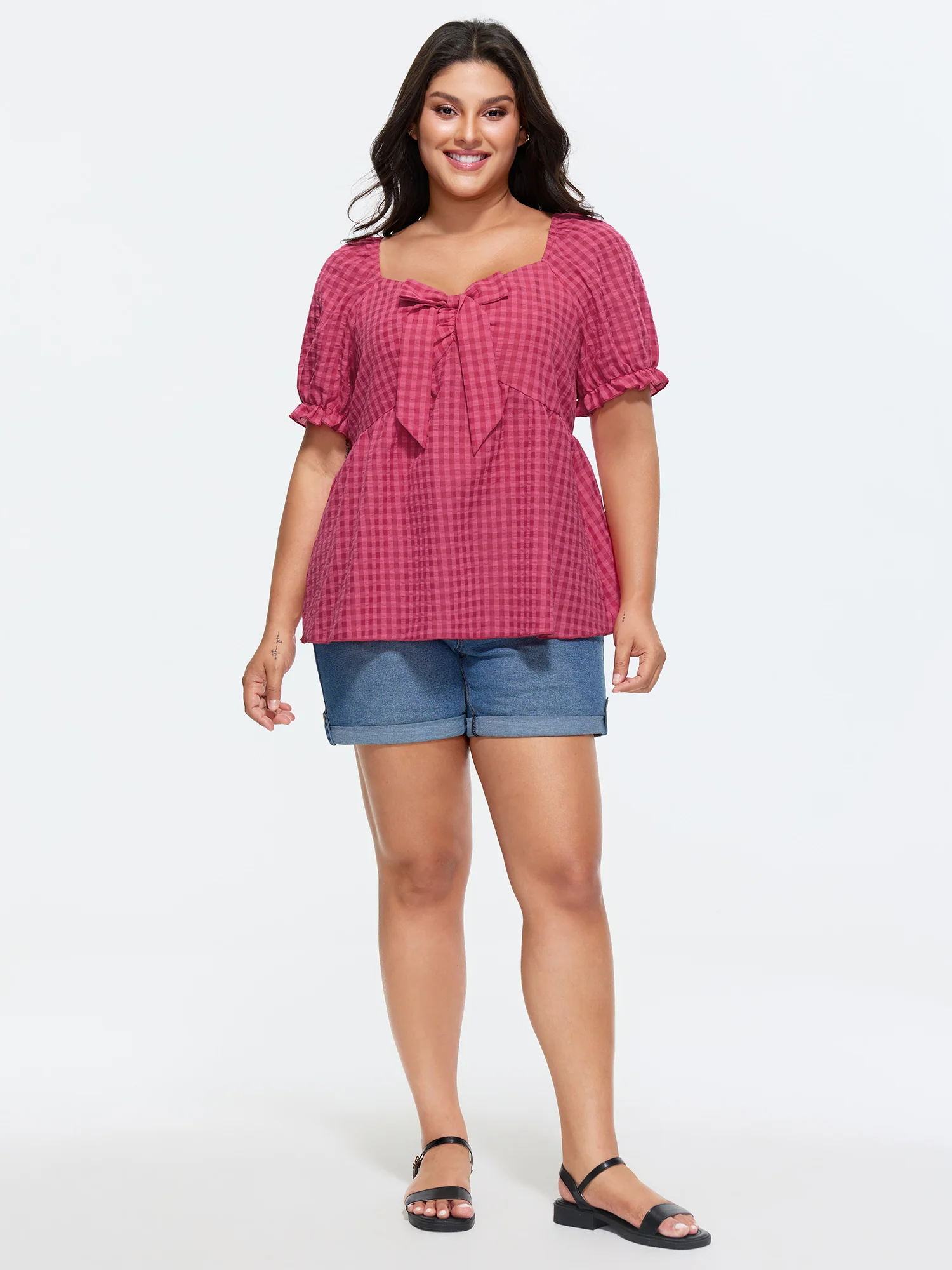 Gingham Print Bow Tie Front Blouse - Image 3