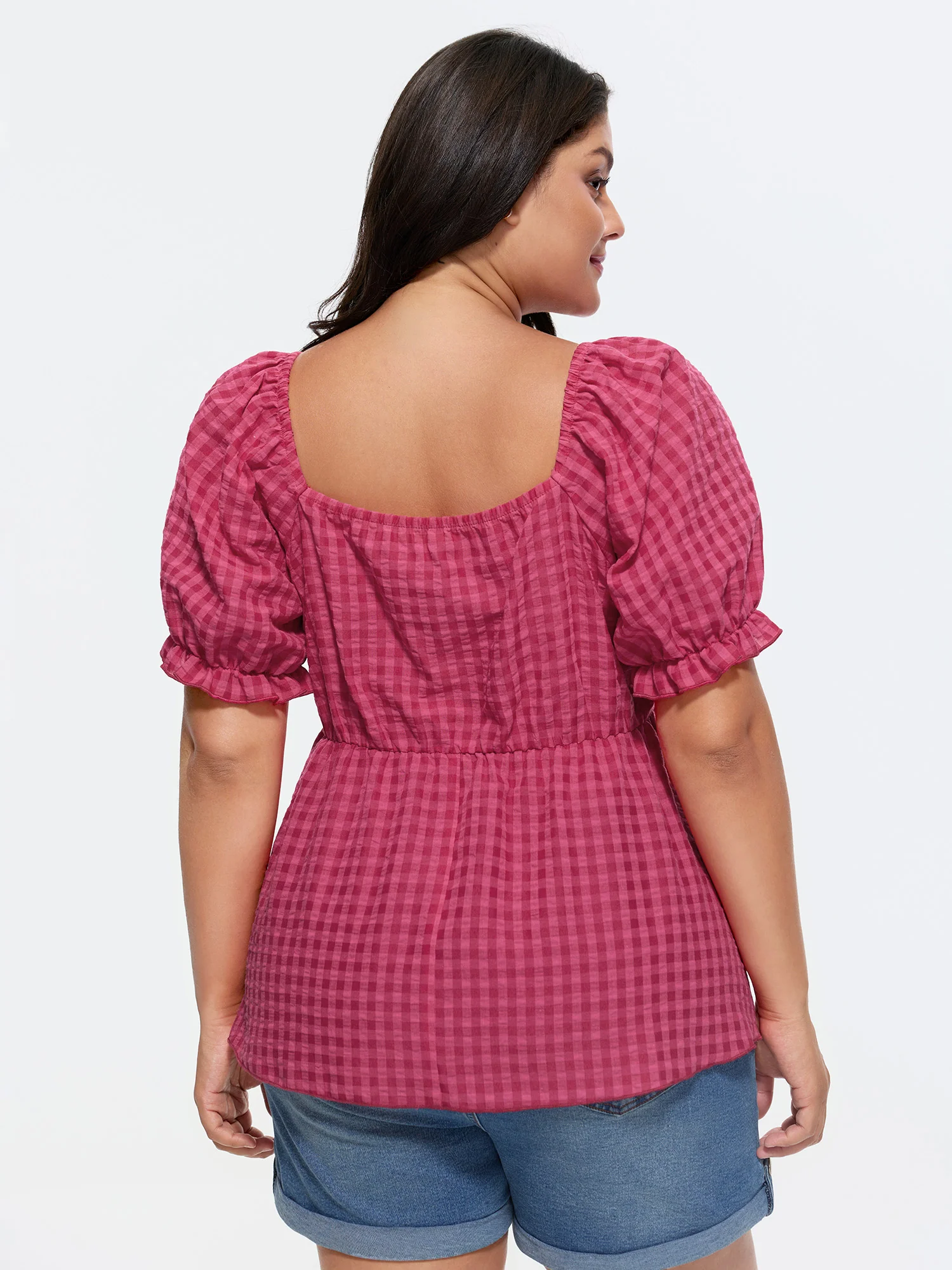 Gingham Print Bow Tie Front Blouse - Image 4