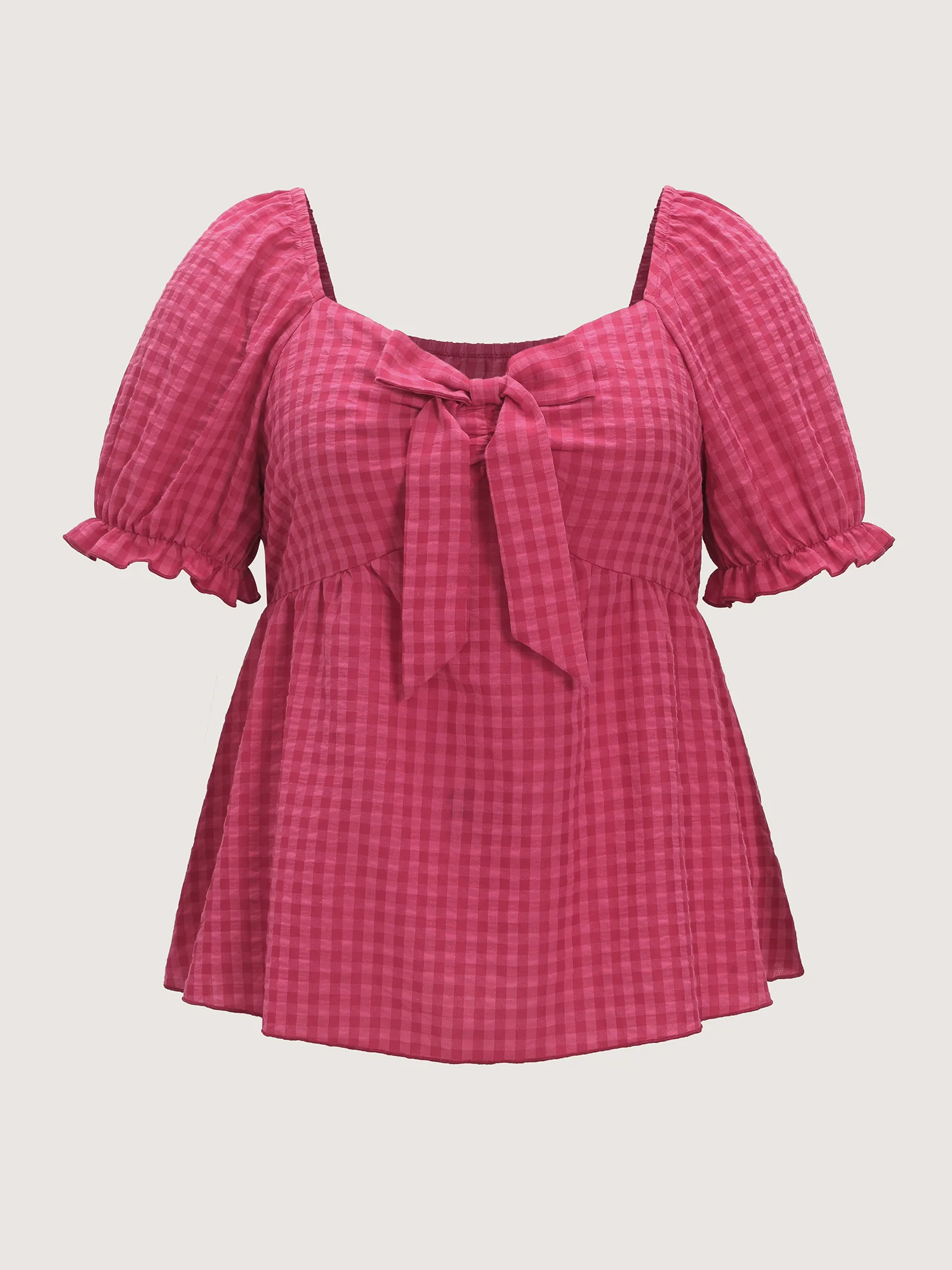 Gingham Print Bow Tie Front Blouse - Image 5