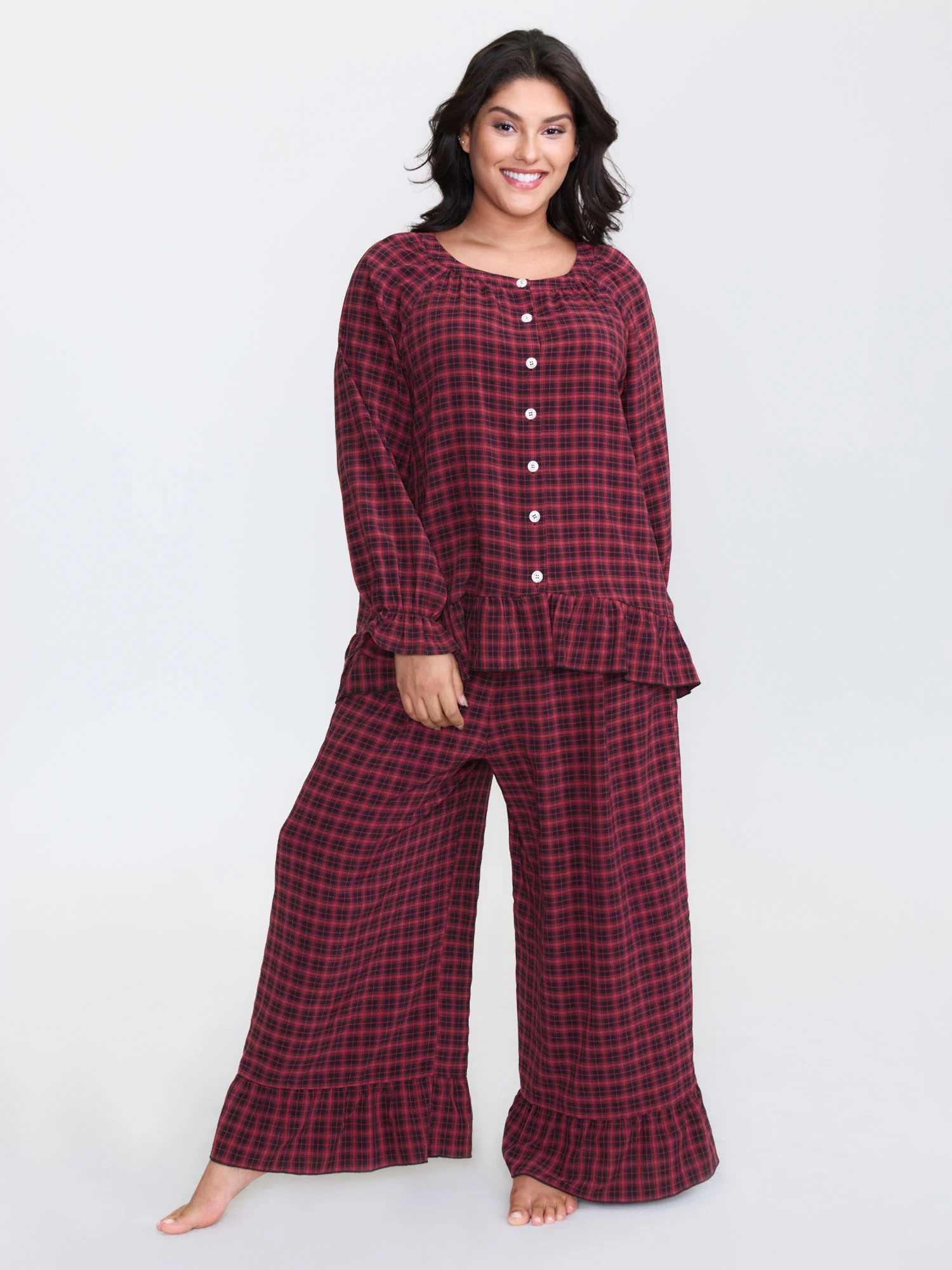 Gingham Print Ruffled Hem Co-Ord Pajama Set