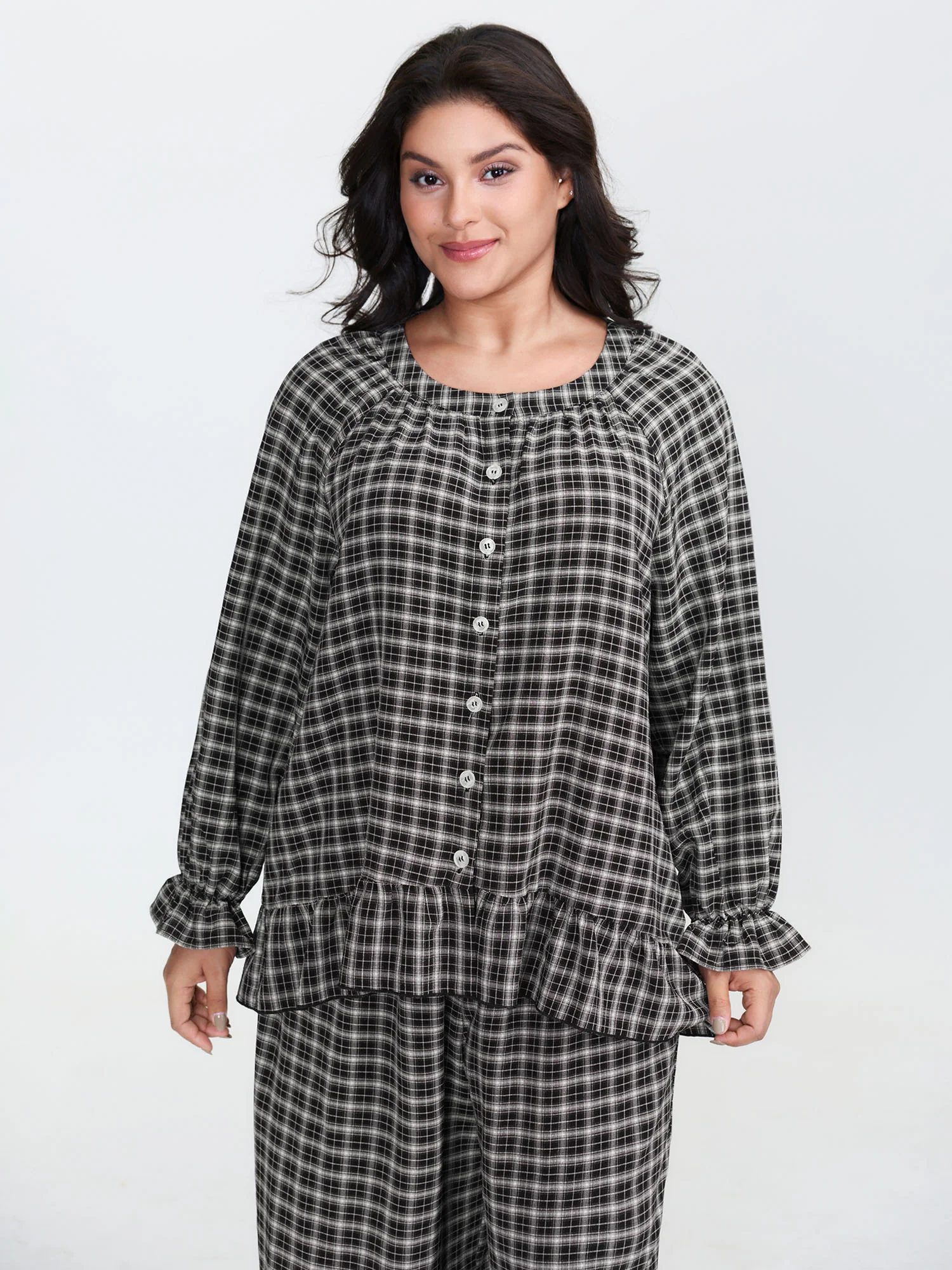 Gingham Print Ruffled Hem Co-Ord Pajama Set - Image 10