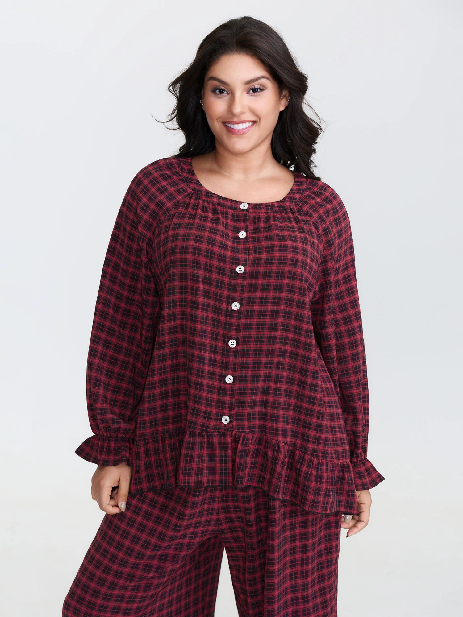 Gingham Print Ruffled Hem Co-Ord Pajama Set - Image 2