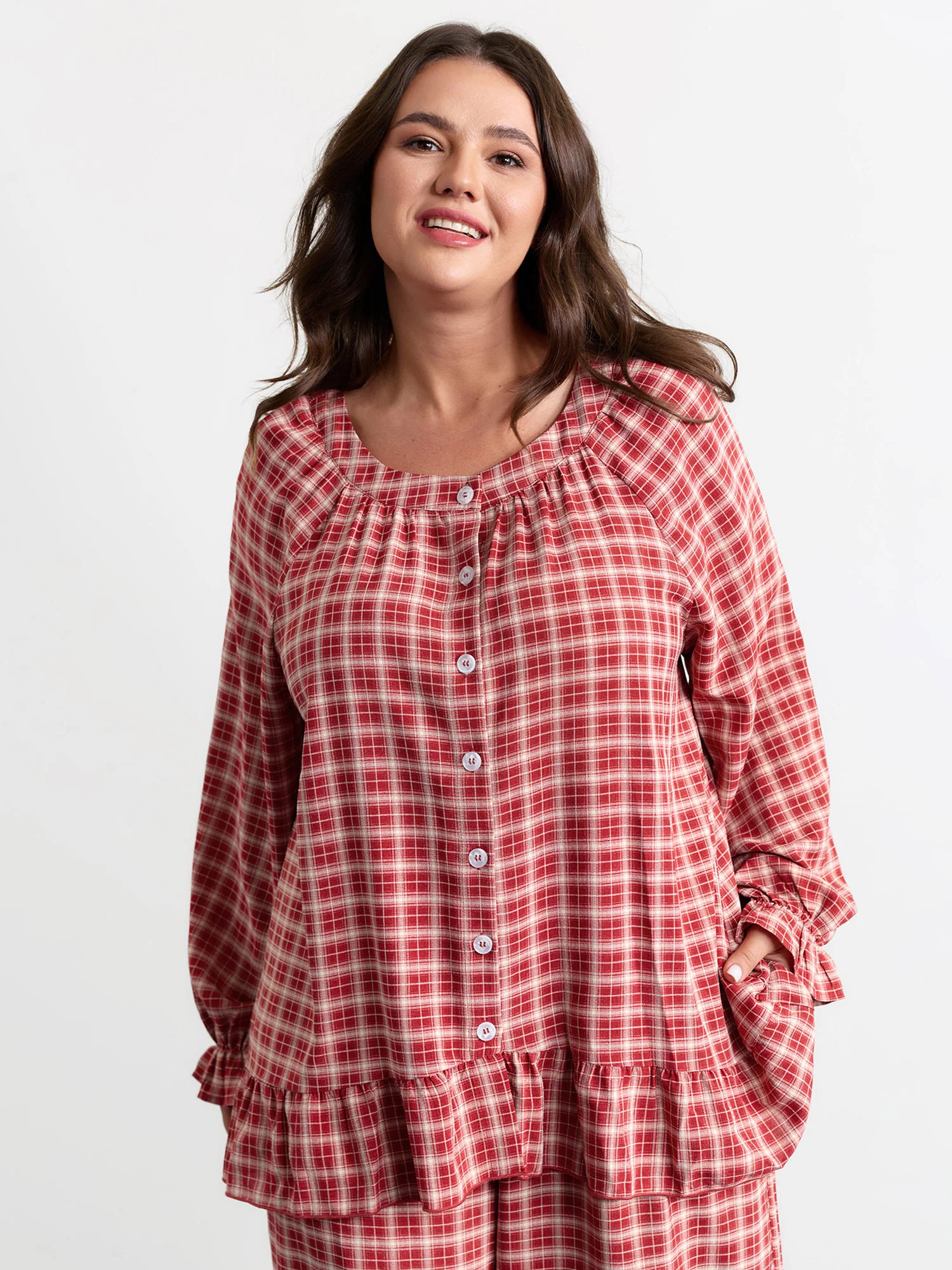 Gingham Print Ruffled Hem Co-Ord Pajama Set - Image 23