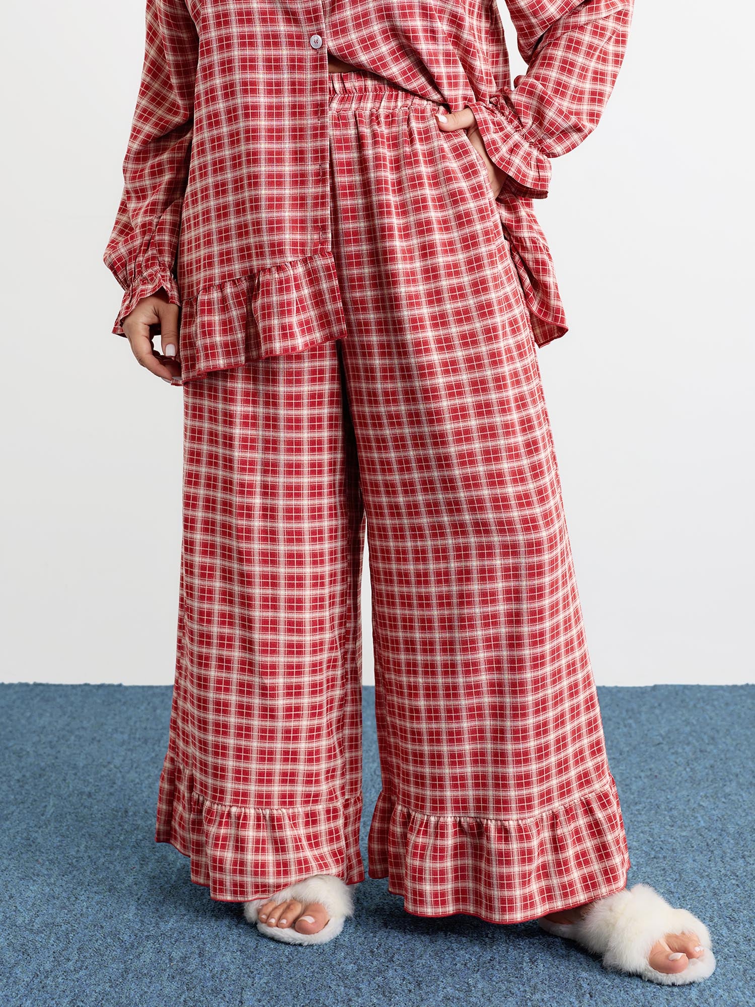 Gingham Print Ruffled Hem Co-Ord Pajama Set - Image 24