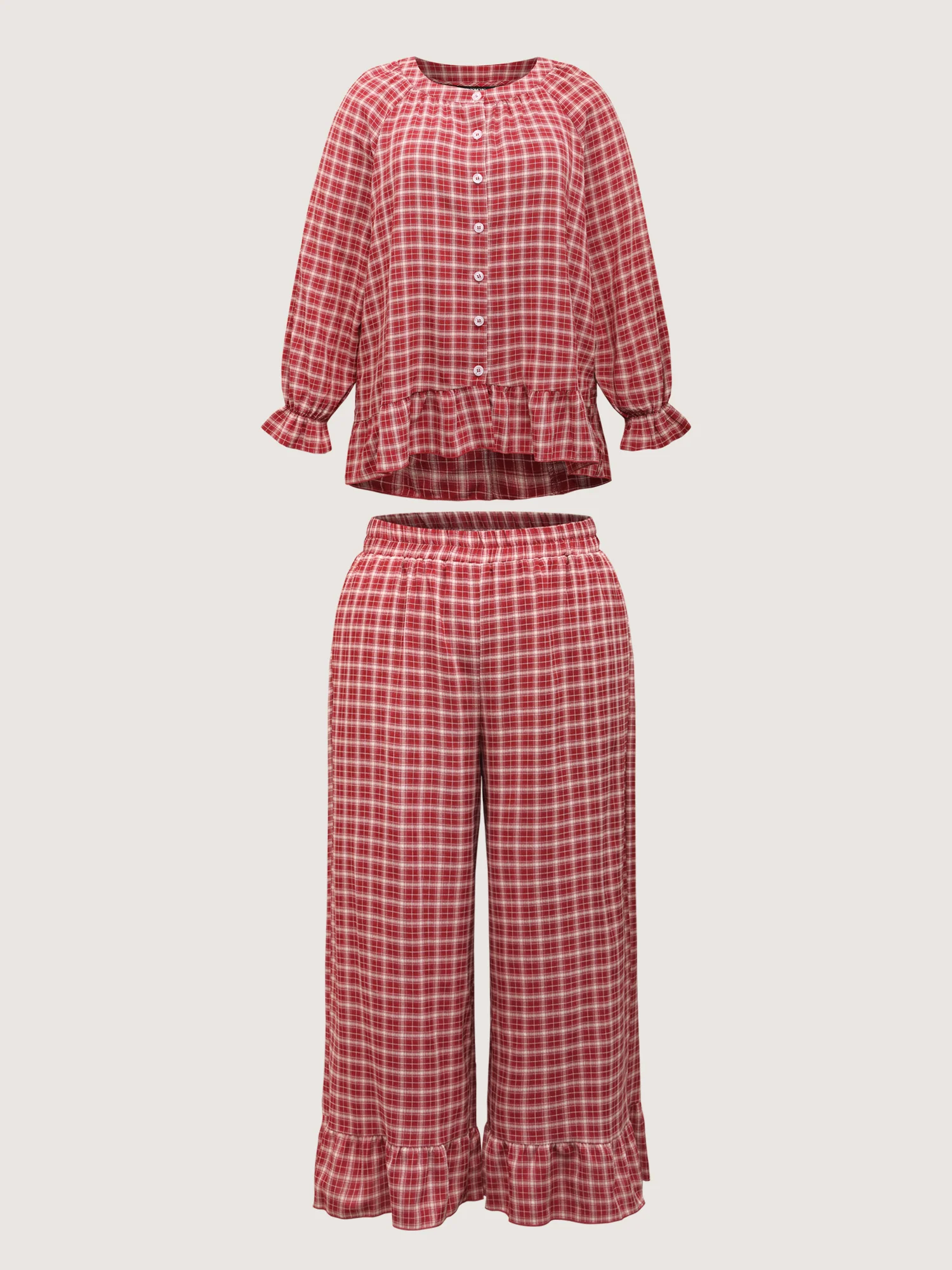 Gingham Print Ruffled Hem Co-Ord Pajama Set - Image 29