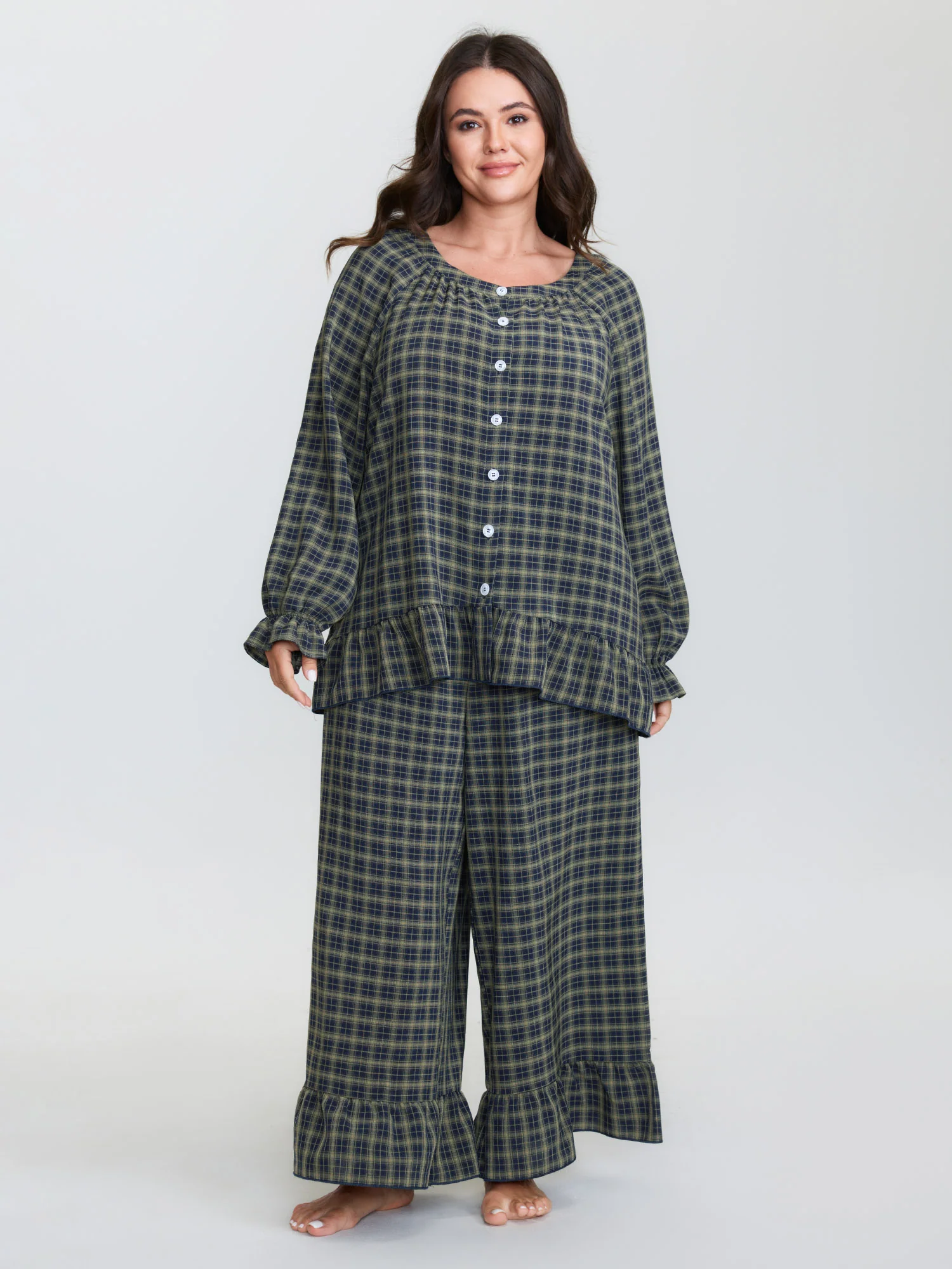 Gingham Print Ruffled Hem Co-Ord Pajama Set - Image 36