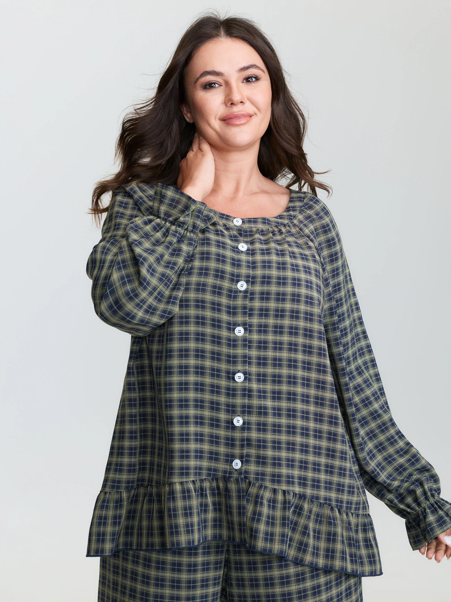 Gingham Print Ruffled Hem Co-Ord Pajama Set - Image 37