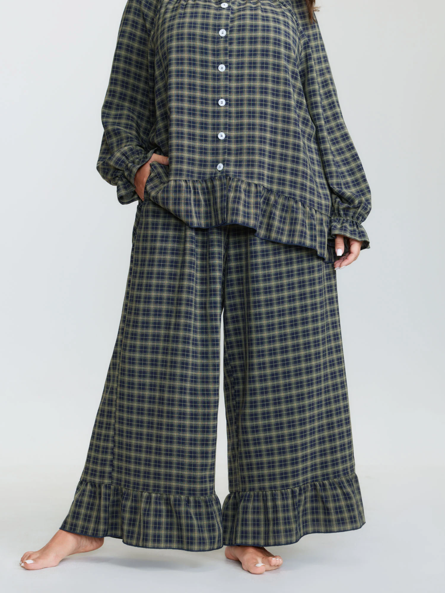 Gingham Print Ruffled Hem Co-Ord Pajama Set - Image 38