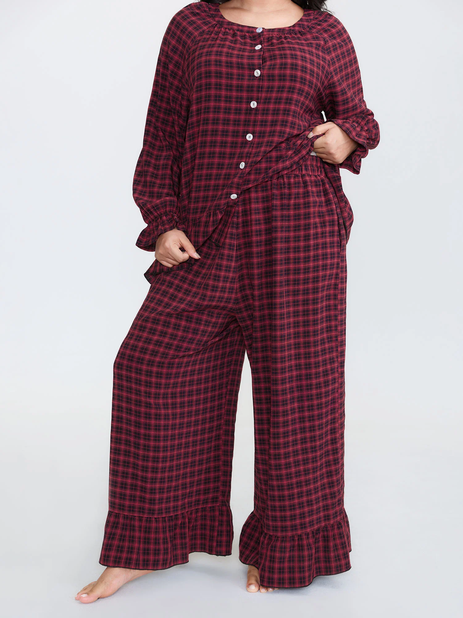Gingham Print Ruffled Hem Co-Ord Pajama Set - Image 4