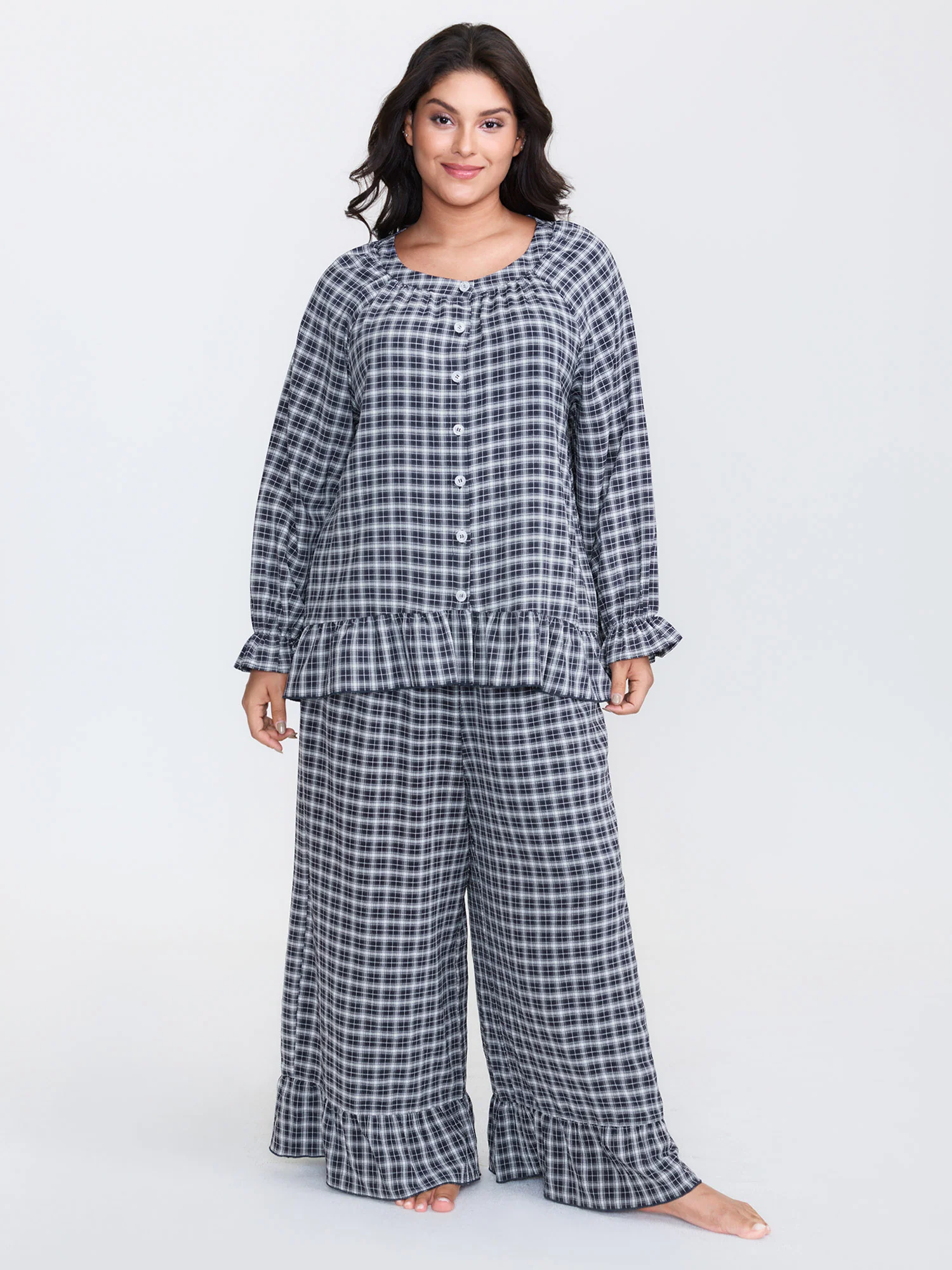Gingham Print Ruffled Hem Co-Ord Pajama Set - Image 42