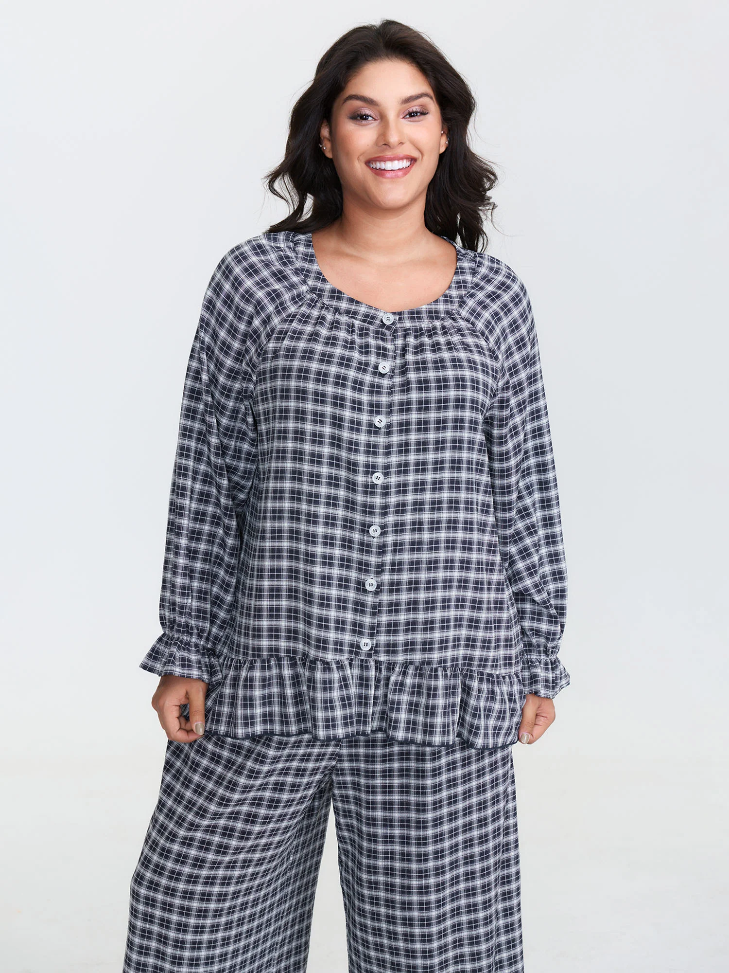 Gingham Print Ruffled Hem Co-Ord Pajama Set - Image 43
