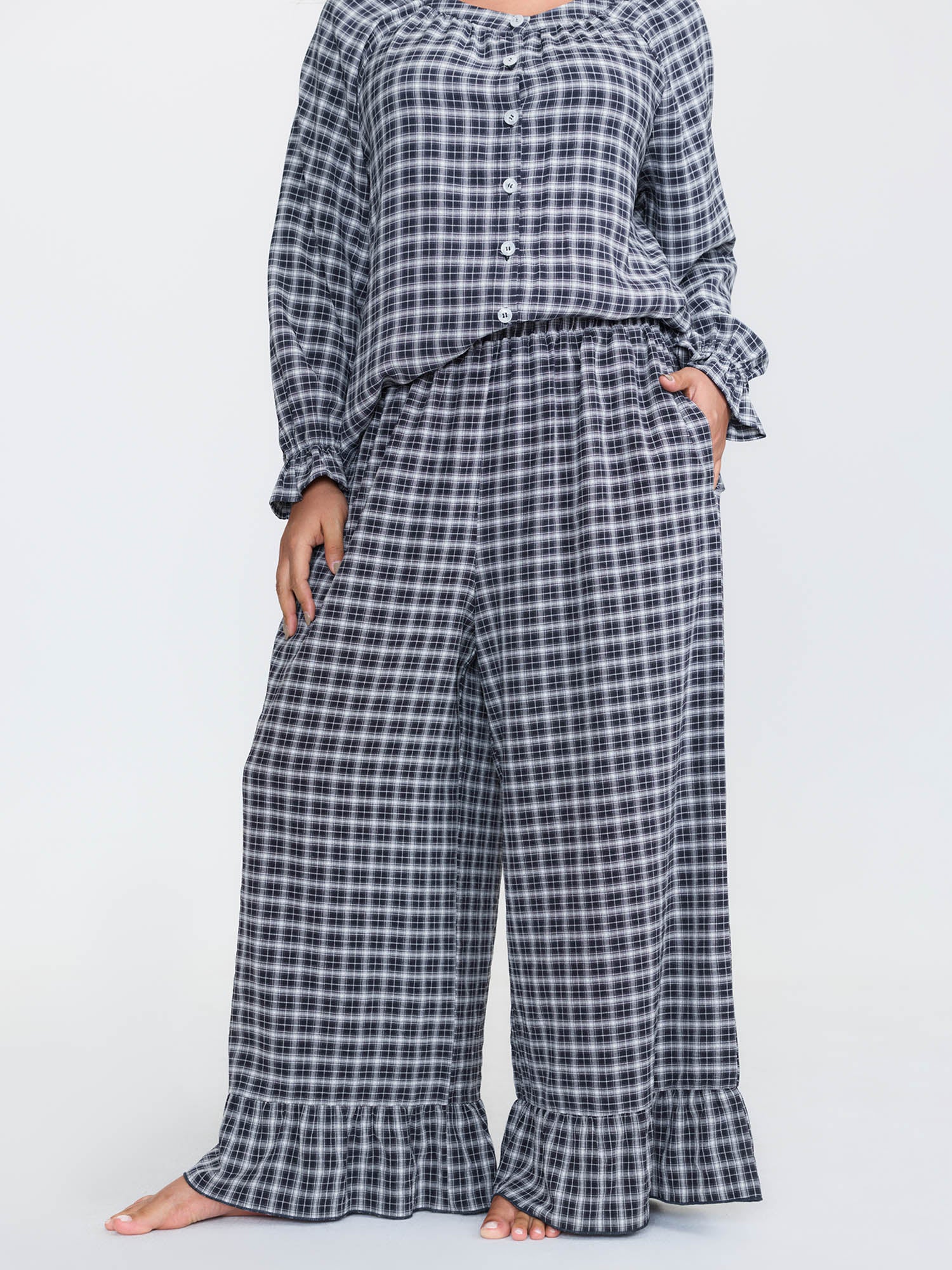 Gingham Print Ruffled Hem Co-Ord Pajama Set - Image 45