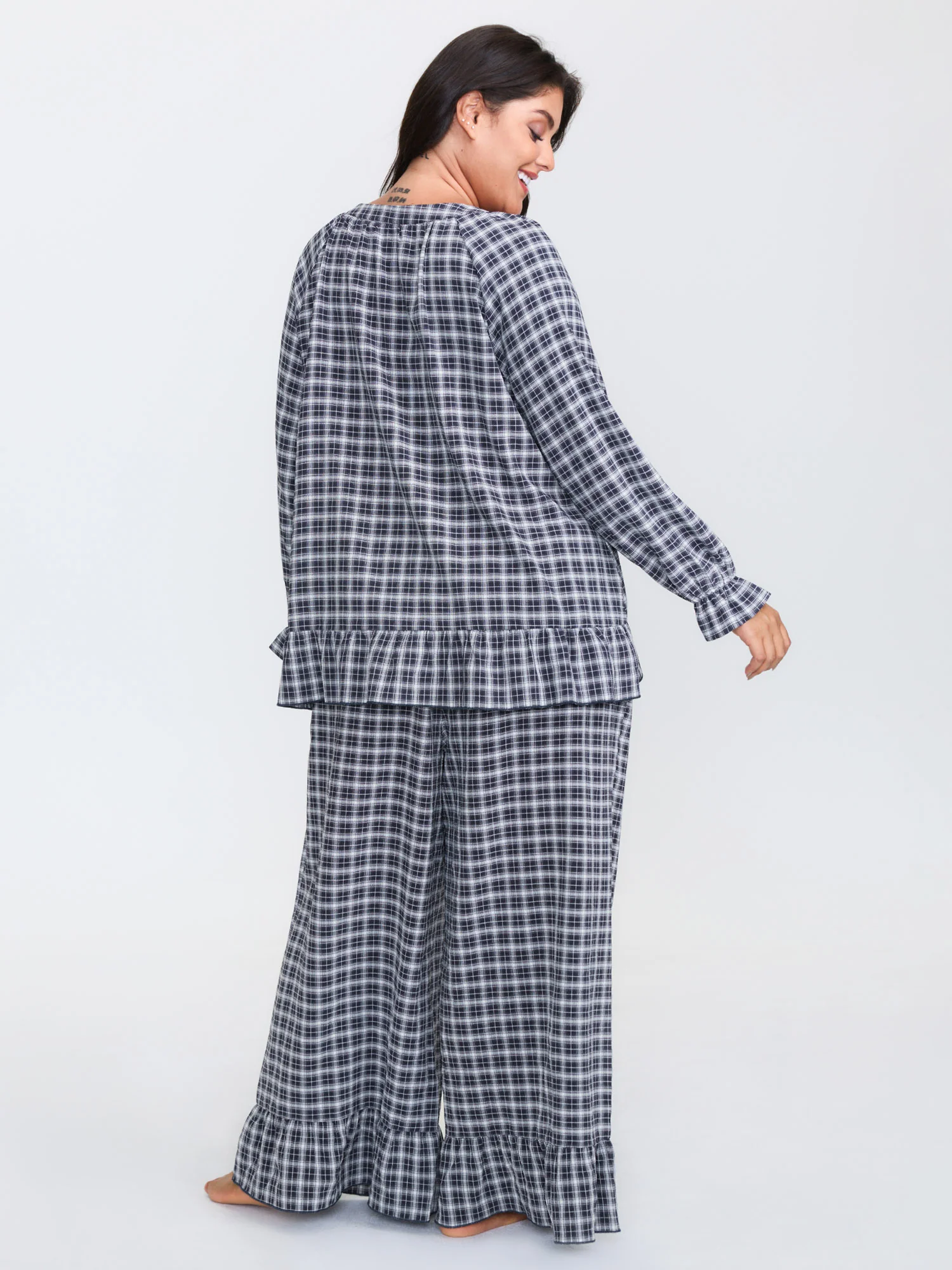 Gingham Print Ruffled Hem Co-Ord Pajama Set - Image 48