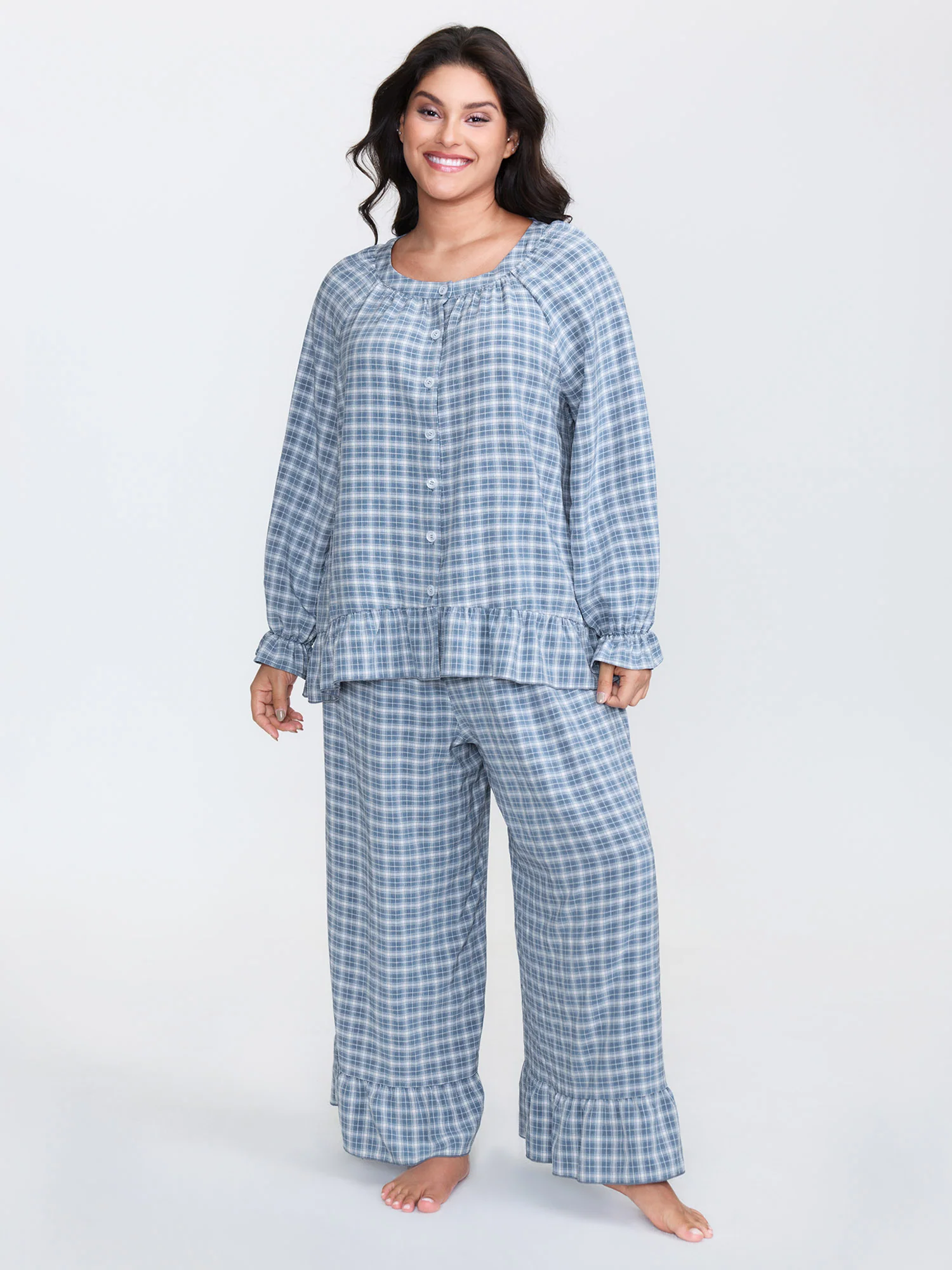 Gingham Print Ruffled Hem Co-Ord Pajama Set - Image 49