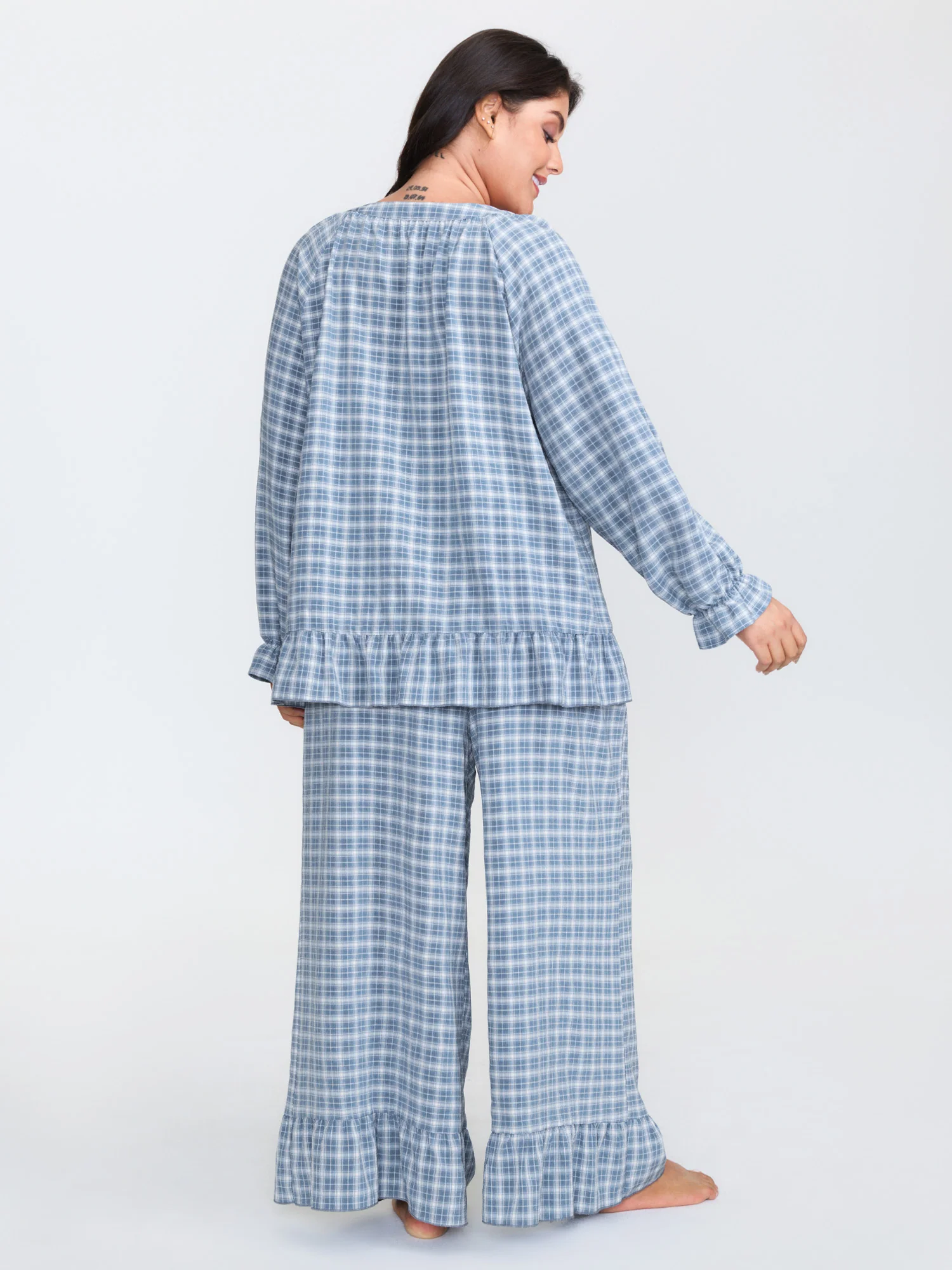 Gingham Print Ruffled Hem Co-Ord Pajama Set - Image 55
