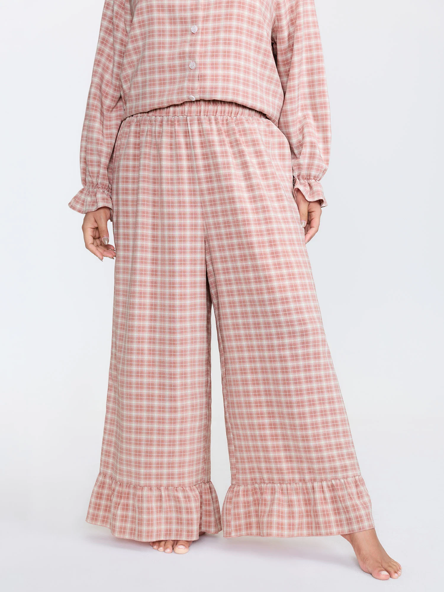 Gingham Print Ruffled Hem Co-Ord Pajama Set - Image 59